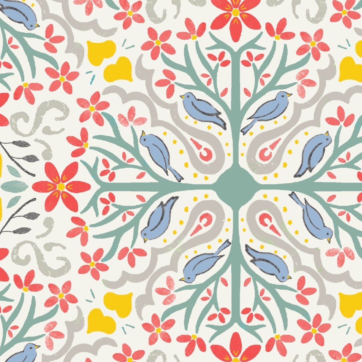 Janet_Hild.surface pattern design. bird mandala.