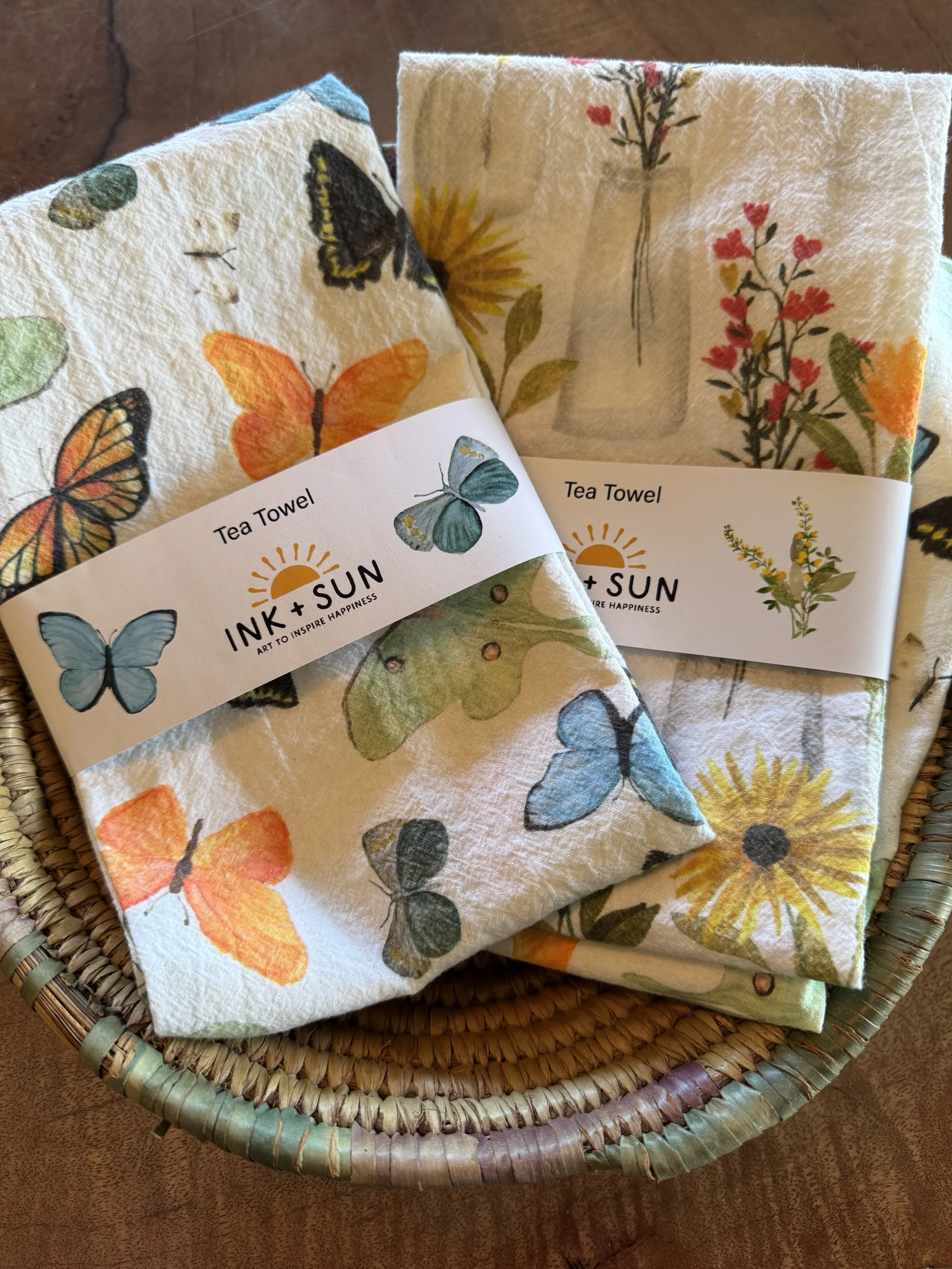 close up of Butterfly and Wildflower Vases Tea Towels available on Etsy.Ink+Sun