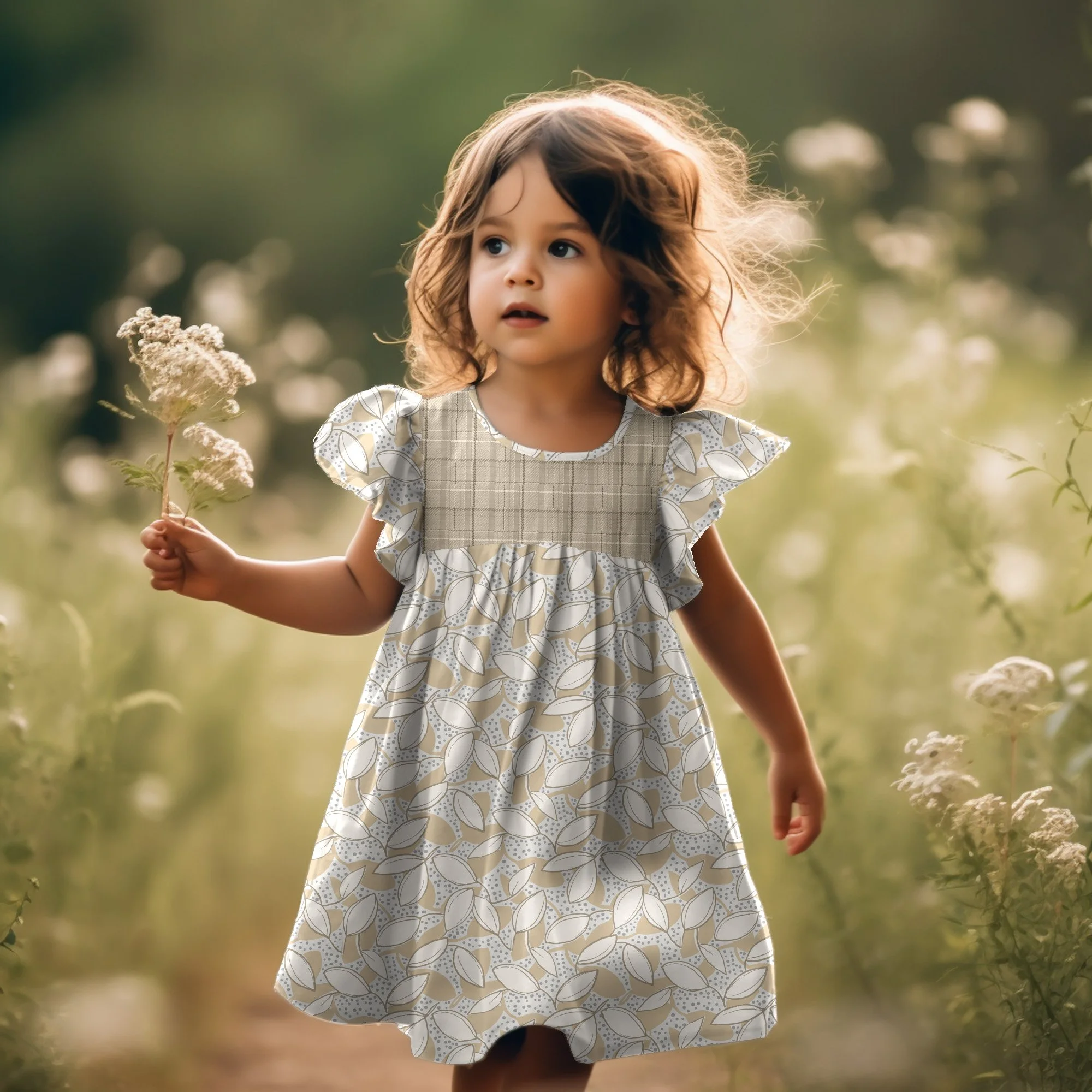 Leaf Layers-soft plaid Simple Cotton Dress With Puff Sleeves.jpg