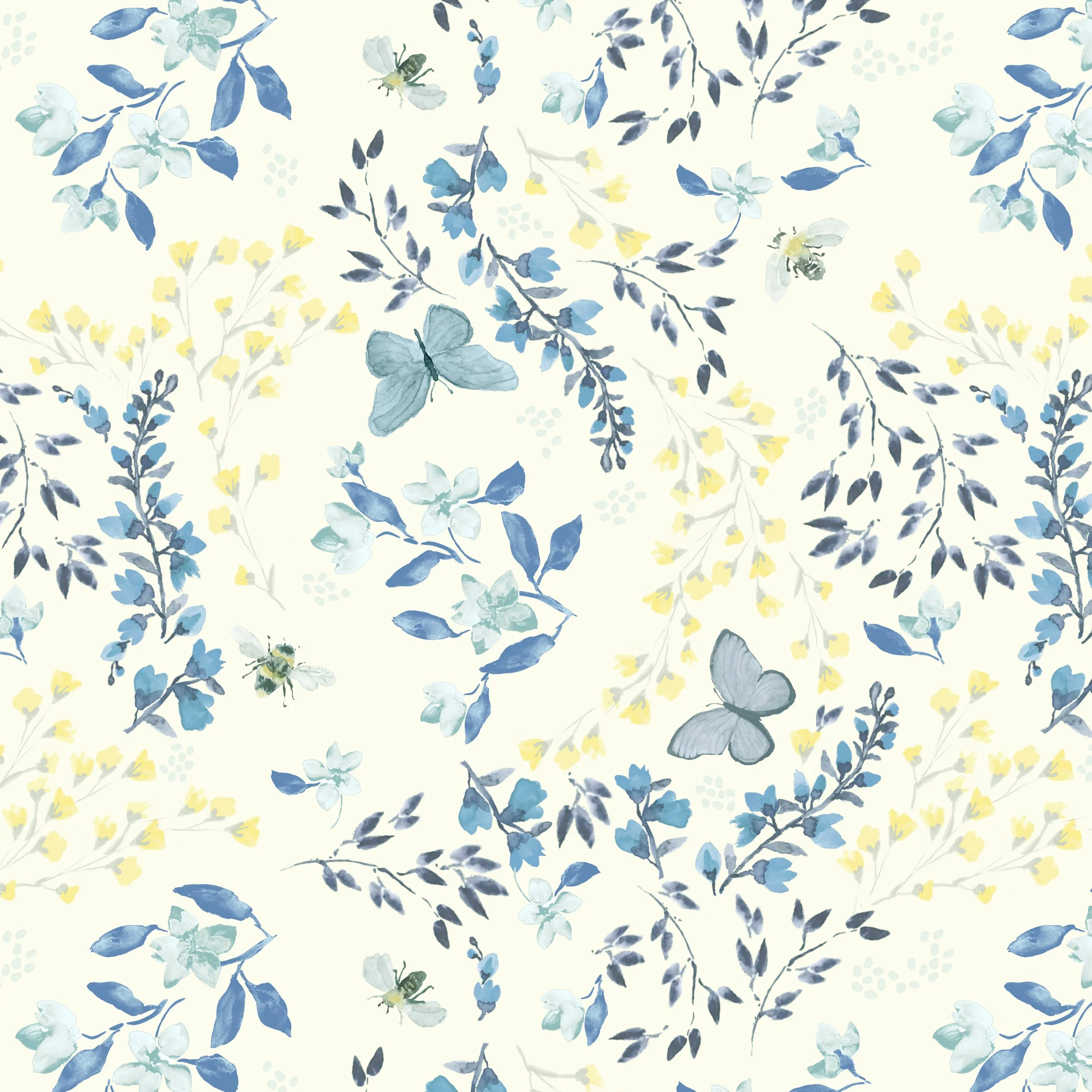 Bee Floral blue-yellow cream-repeat.inkandsun