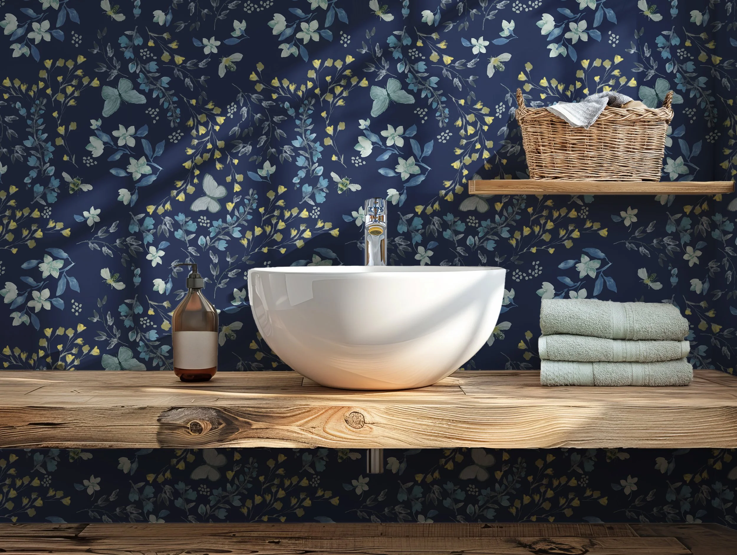 bathroom wallpaper in deep blues with flowers, bees, and butterflies