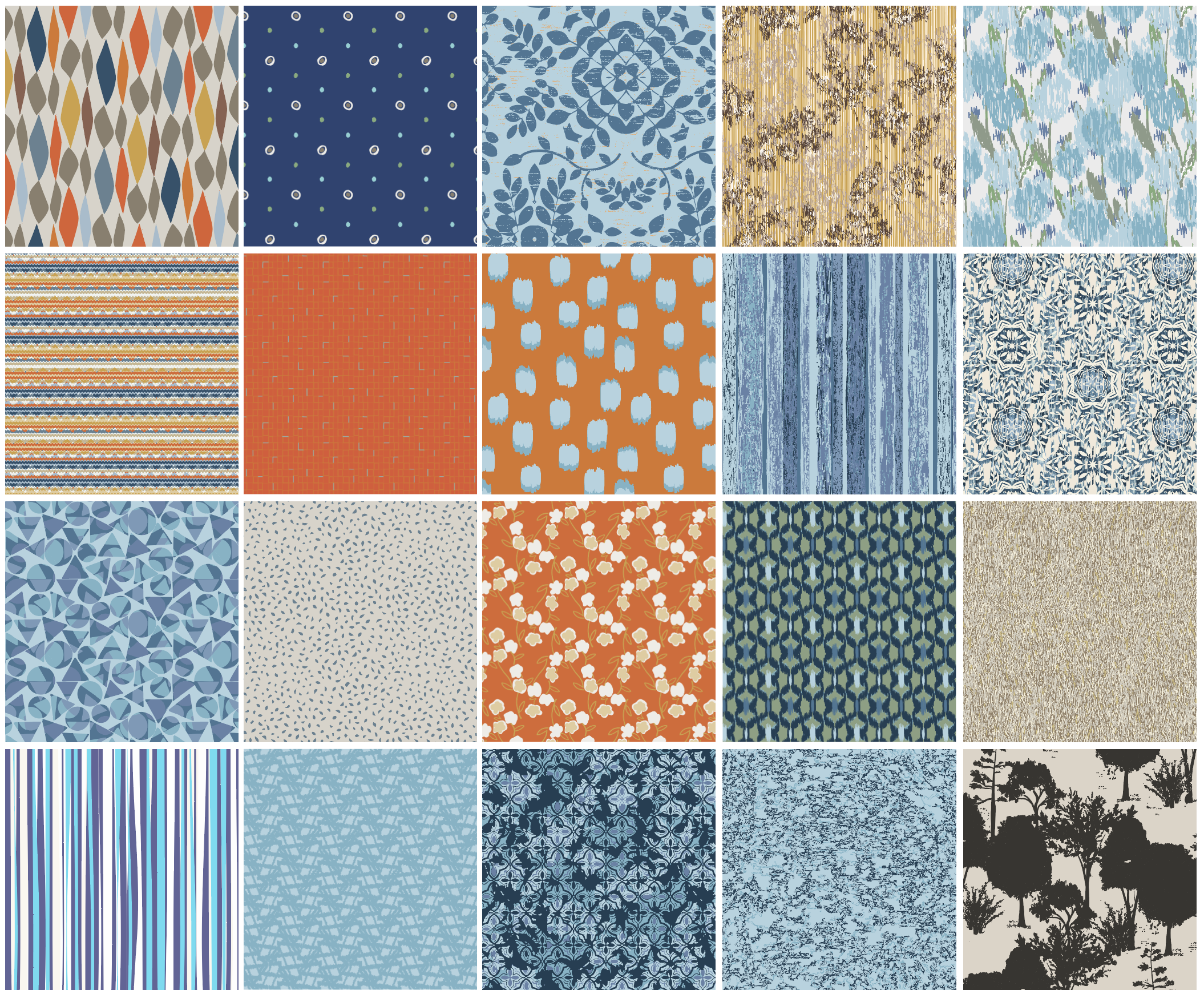 A collage of 20 different fabric patterns, including abstract, floral, geometric, and nature-inspired designs in shades of blue, orange, and earth tones.