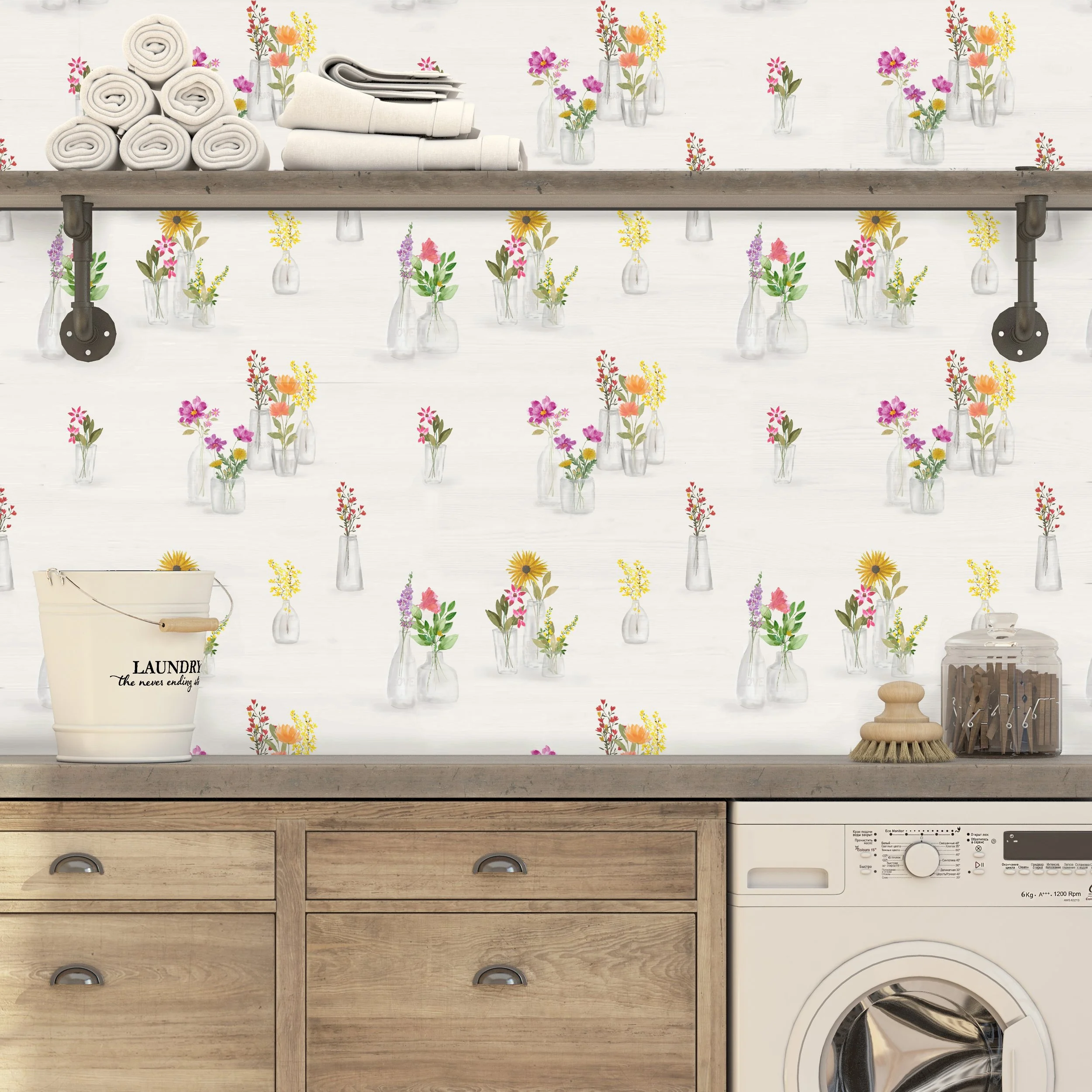 brightly colored watercolor wildflowers in glass vases shown as wallpaper in a laundry room