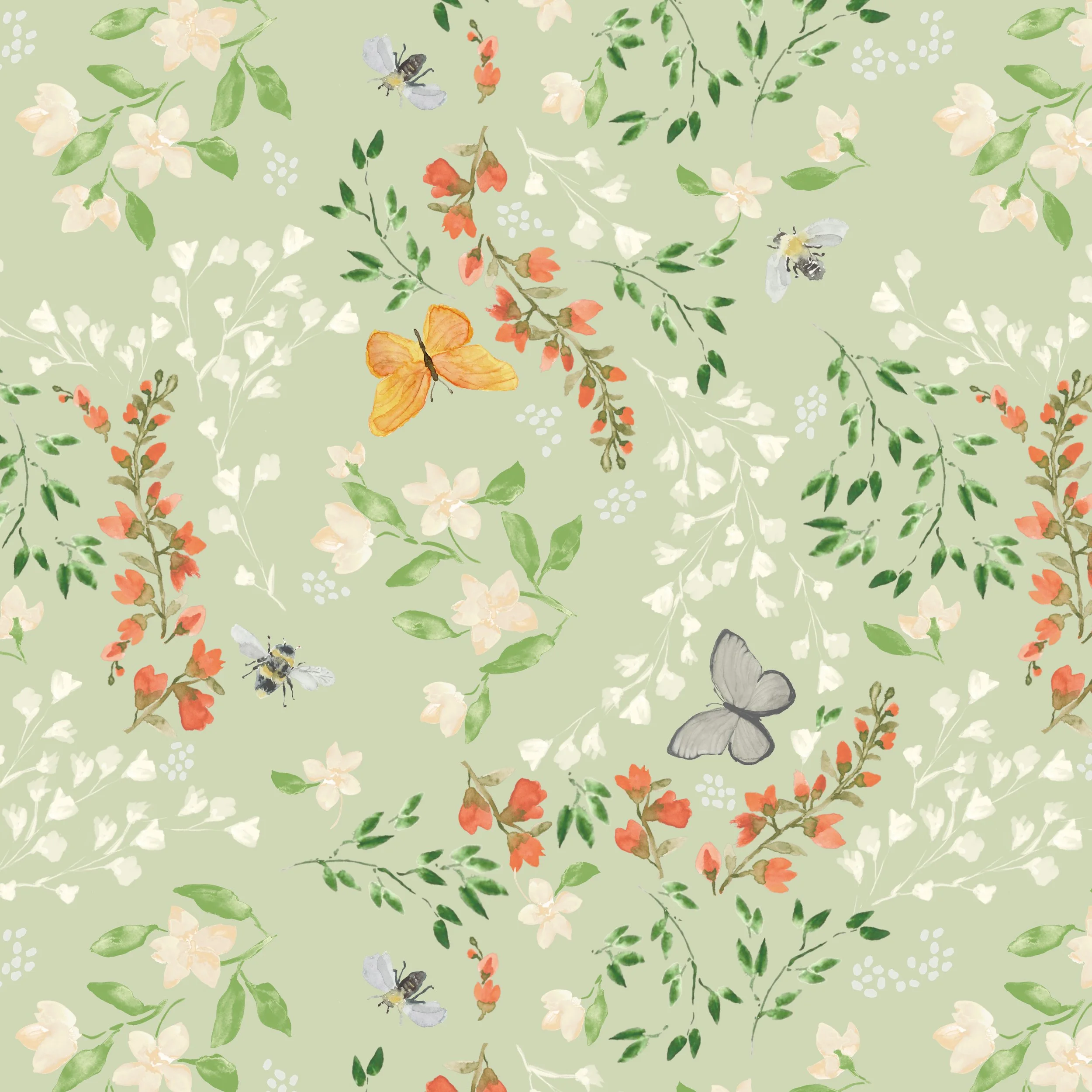 butterflies, bees and flowers in a swirling arrangement on a soft sage green ground