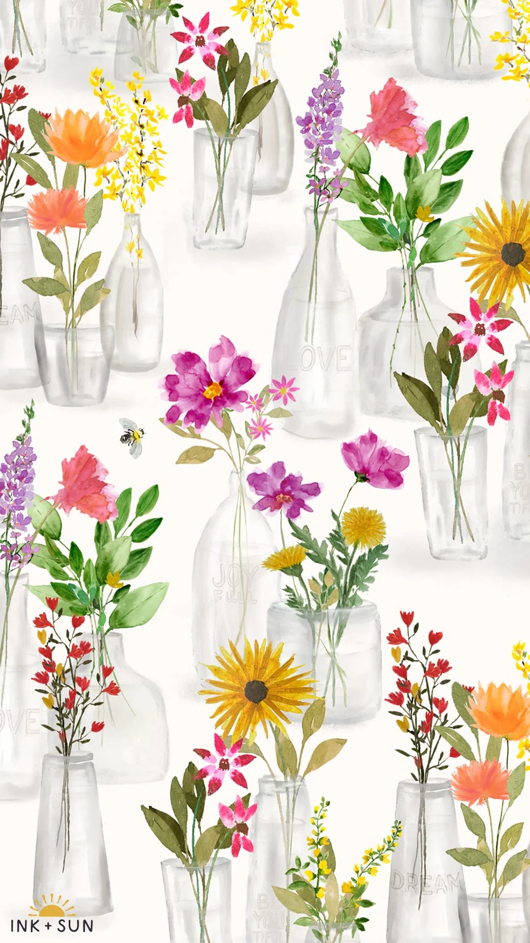 Pattern of watercolor-style illustrations of glass vases with various colorful flowers, including pink, purple, orange, yellow, and red, on a white background.