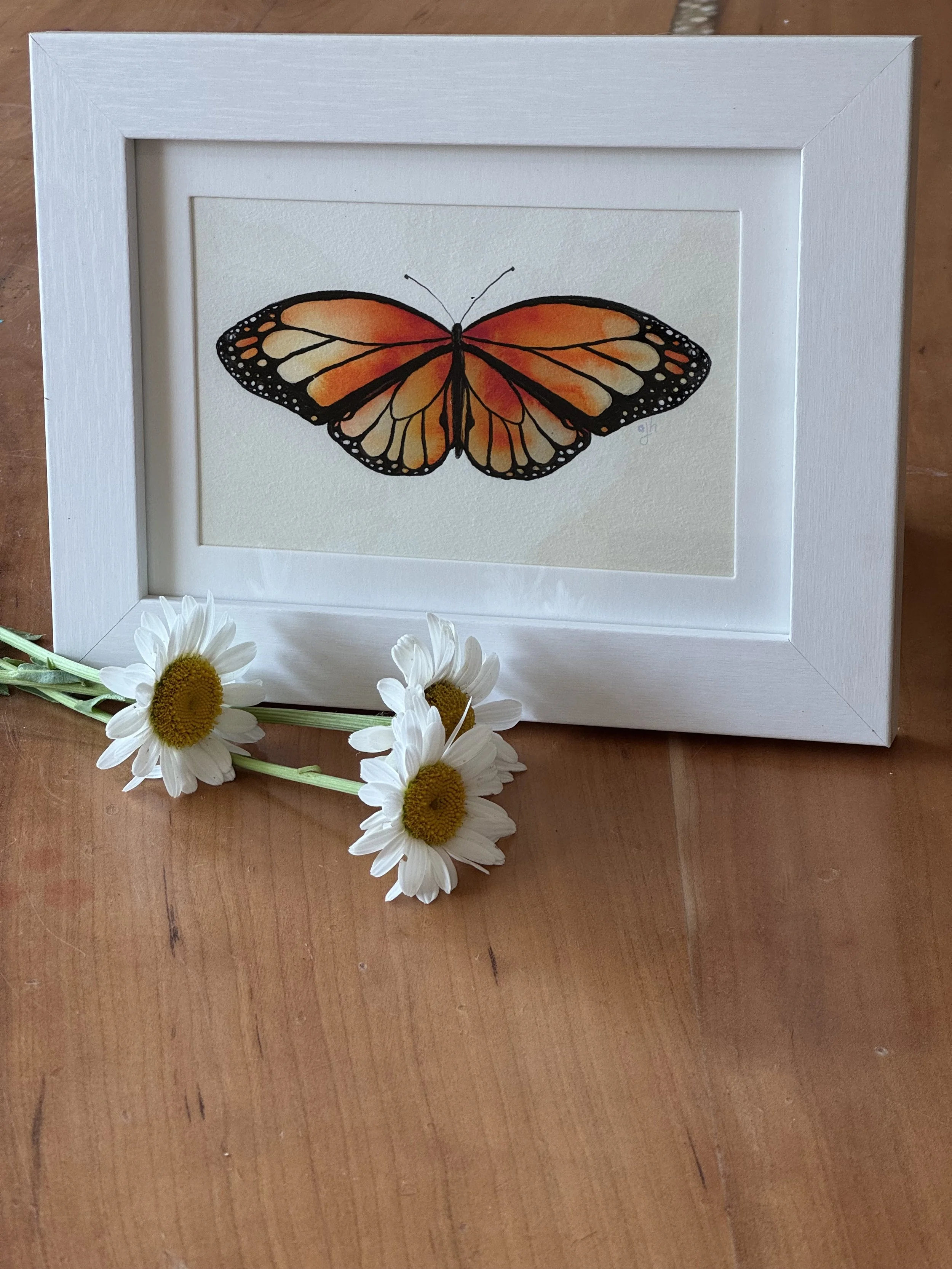 image of Monarch art print in a white frame. Print sold on Etsy unframed.Ink+Sun