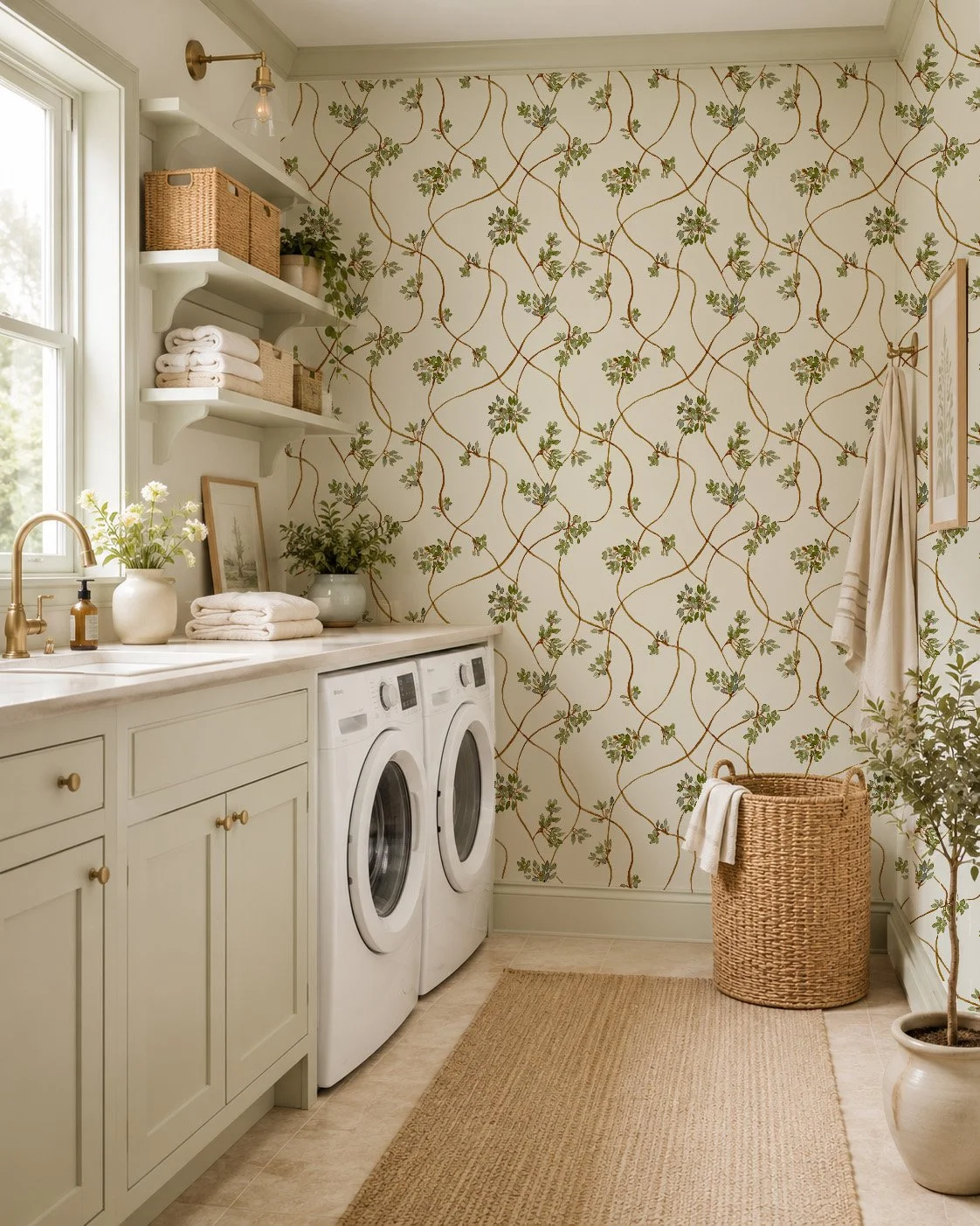 Laundry room image with my  watercolor Lullaby Vine wallpaper