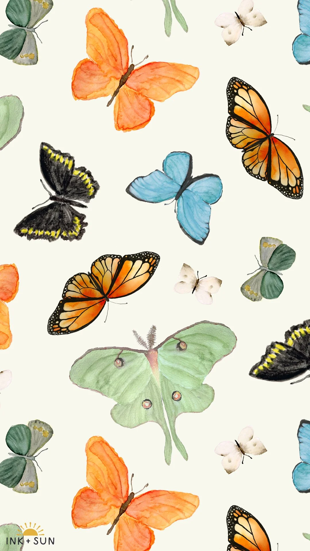 A pattern of watercolor butterflies in various colors including orange, blue, green, black, and white on a light background.