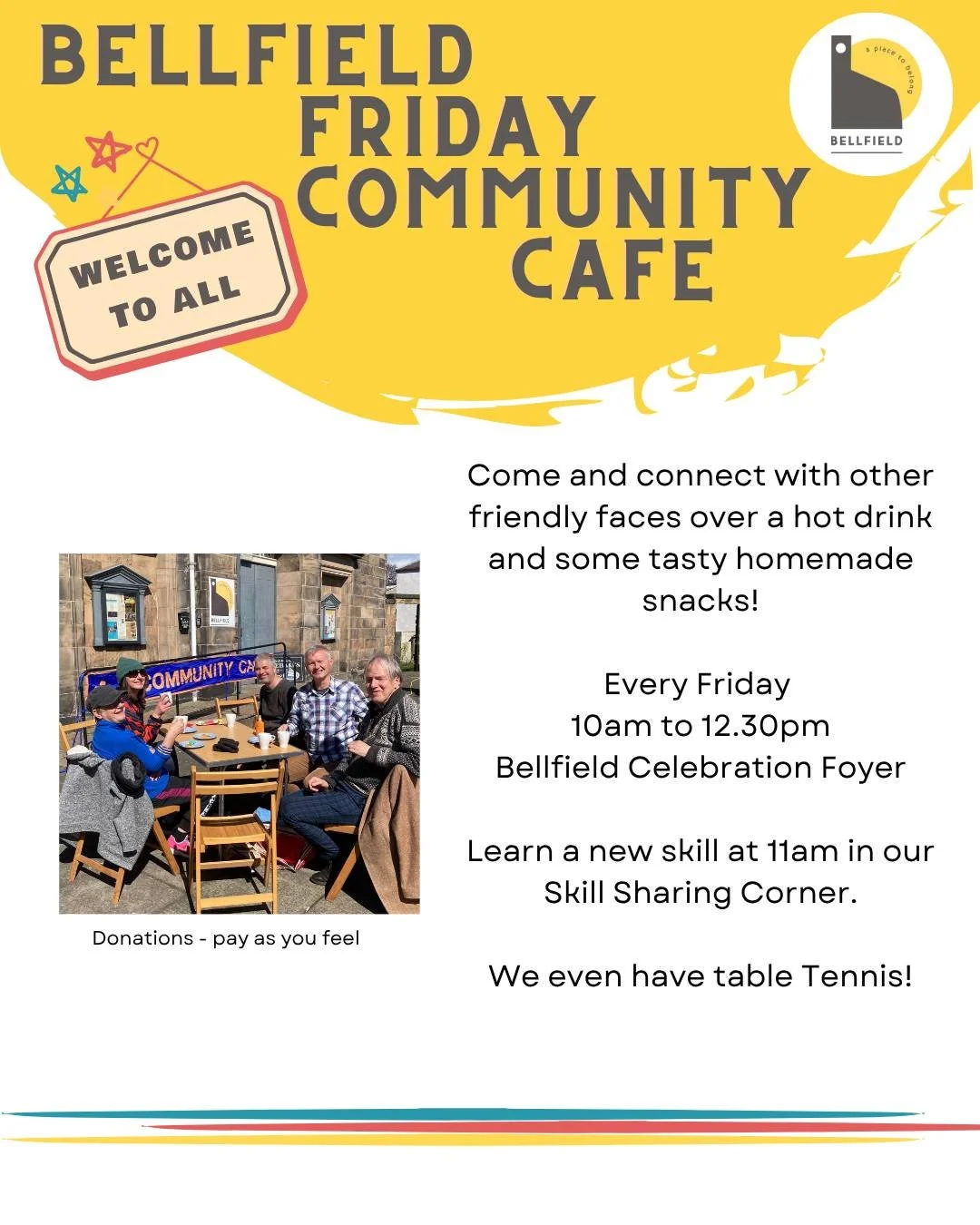 ☕ Come Join Us at the Community Caf&eacute;! 🍰

Looking for a welcoming space to relax, chat, and connect with others? Our volunteer-run Community Caf&eacute; is open every Friday, 10am&ndash;12:30pm in the Bellfield Celebration Foyer&mdash;and you&