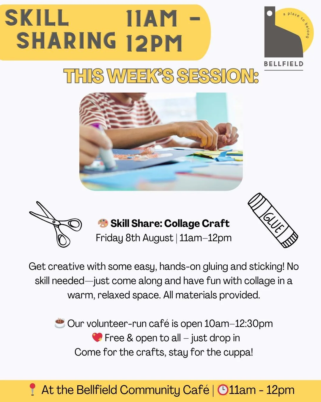 🎨 Skill Share: Collage Craft
Friday 8th August | 11am&ndash;12pm
Bellfield Community Caf&eacute; (Celebration Foyer)
Part of the Chatty Caf&eacute; Scheme
Looking for something creative and low-pressure to try? Join us at the Community Caf&eacute; f