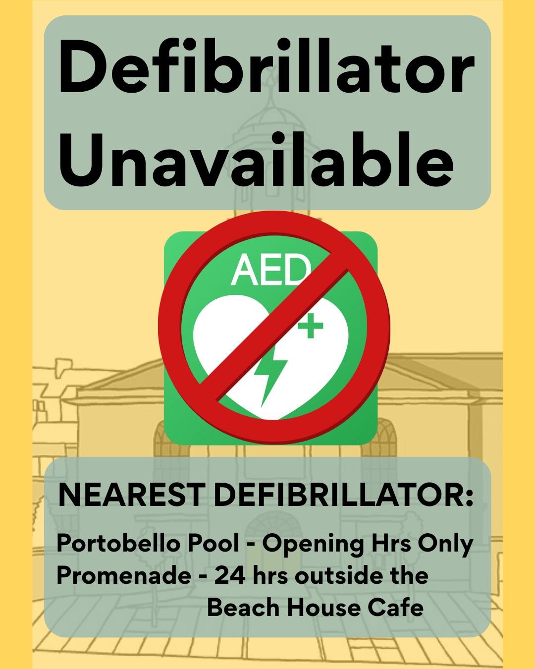 📣*IMPORTANT PUBLIC ANNOUNCMENT*

Bellfield's Big Build has begun! 
The front of the former church building is fenced off and as such the defibrillator is no longer accessible and can't be used.
It's been taken offline so 999 call responders won't re