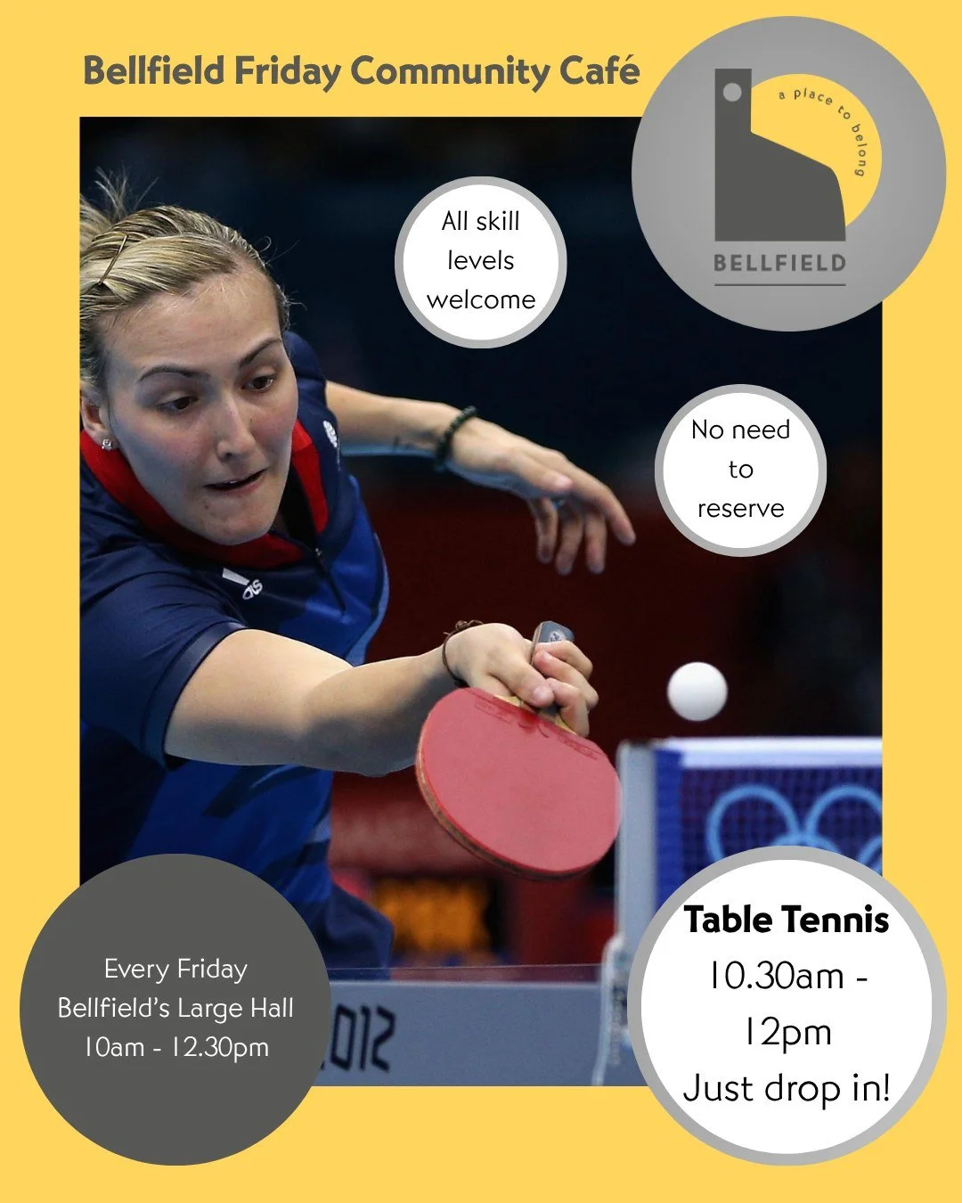 Fancy a game of table tennis this Friday? 🏓

No need to book, bring a partner, or have any experience - just drop in and give it a go. 

There&rsquo;s always a friendly volunteer up for a game.

Bellfield Friday Community Caf&eacute;
 Every Friday, 