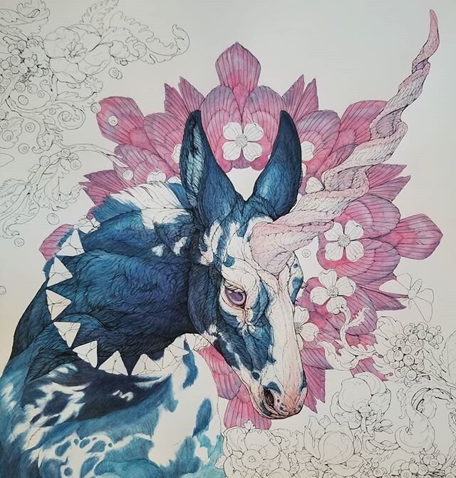 Put down some neck fluff yesterday. I'm enjoying working on this big blue piebald boy. The piece is about 4 feet by 2 feet. .
.
.
#laurenmarx #laurenmarxart #wip #workinprogress #penandink #watercolor