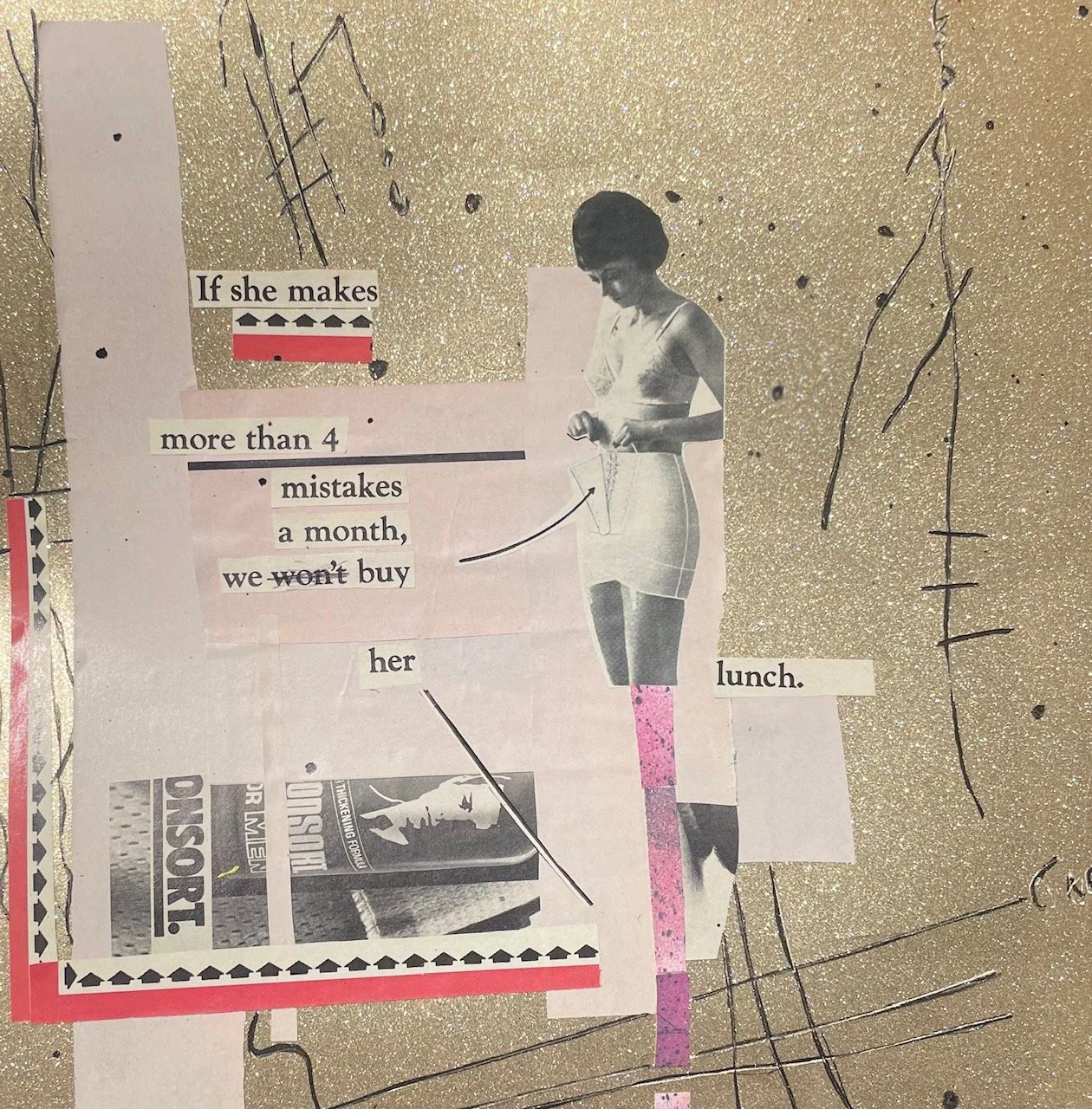 quality control (2026) 
acrylic, 1980 Playboy magazine clippings, oil, glitter on canvas paper 
10x10 in | 25.4x25.4 cm