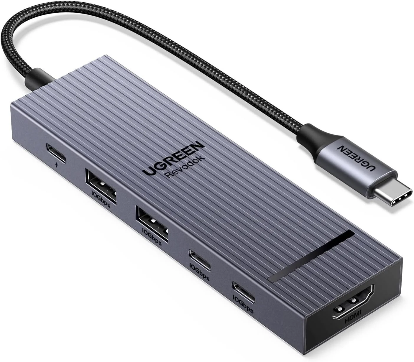 A USB-C hub with a USB-C power delivery input, two 10 Gbps USB-A inputs, two 10 Gbps USB-C inputs, and an HDMI output.