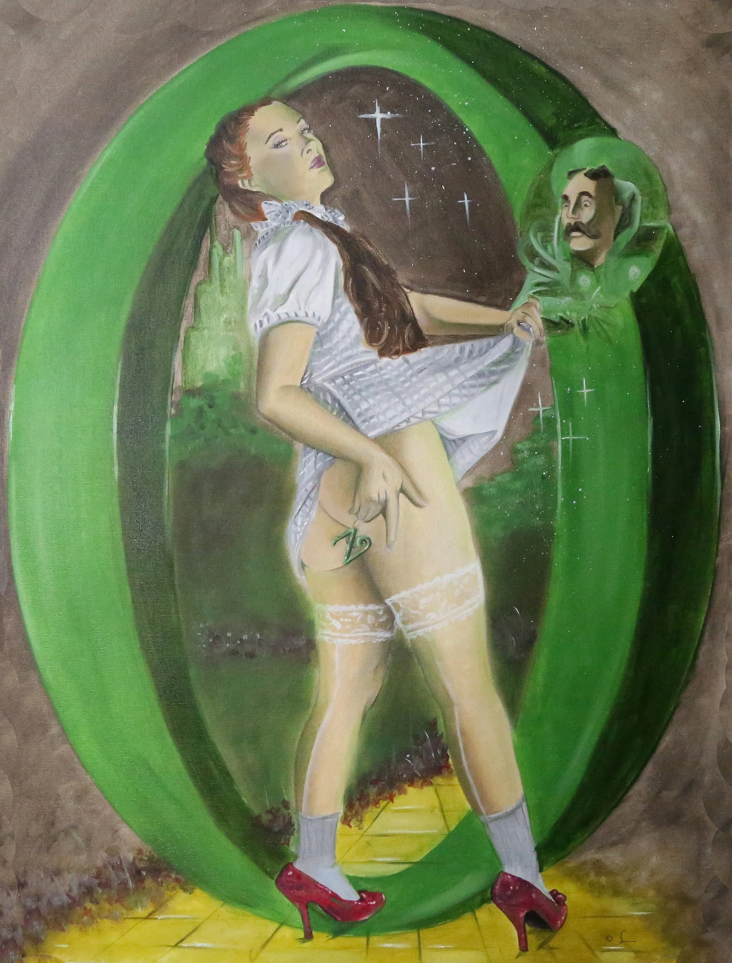 A suggestive mural of a woman in lingerie lifting her skirt, with a man wearing a green cloak in the background, both inside a circular green frame with starry sky elements.