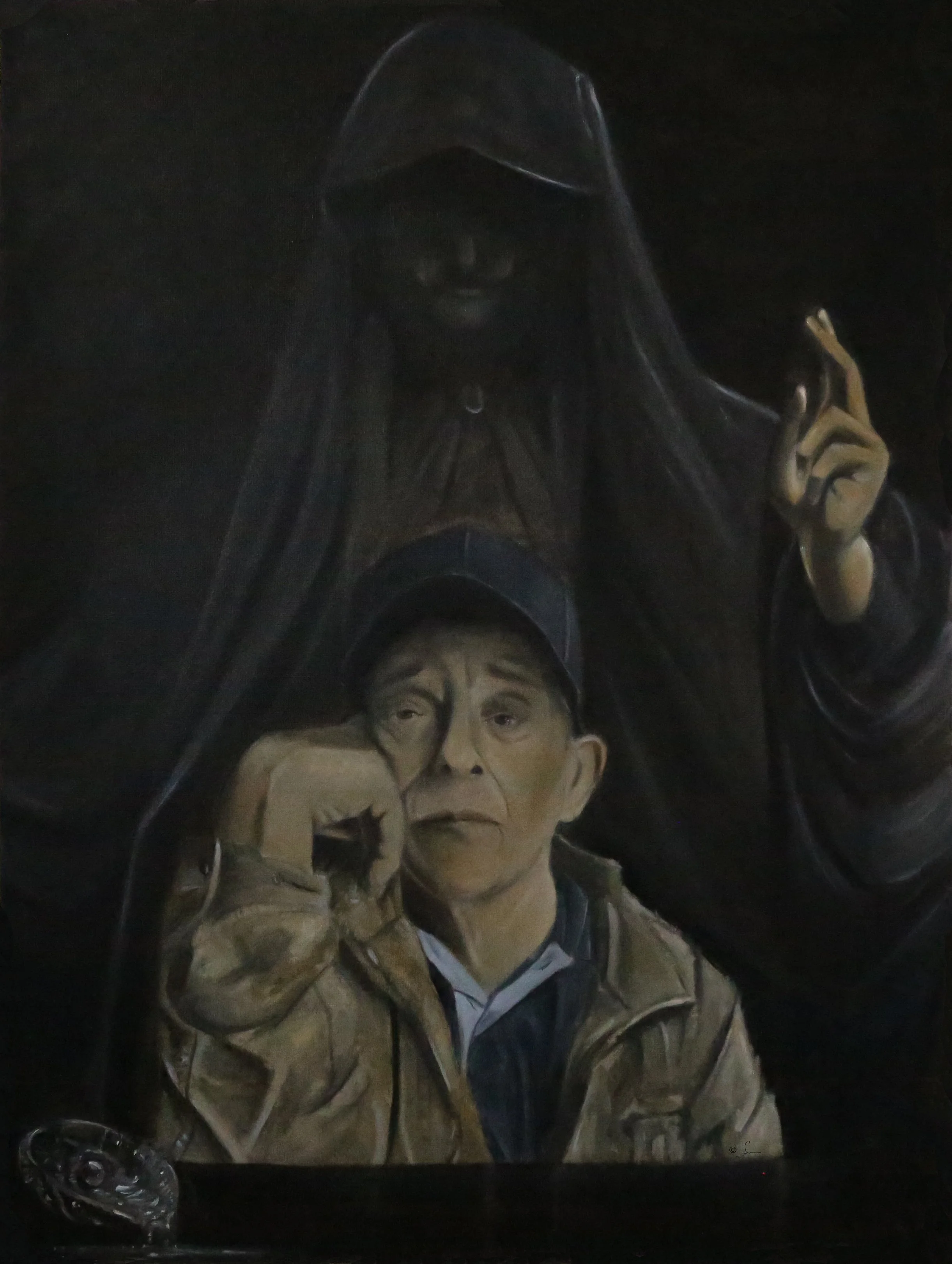 A mural of an older man wearing a baseball cap with a serious expression, making an OK gesture with his right hand, and a dark, hooded figure in the background pointing with its right hand.