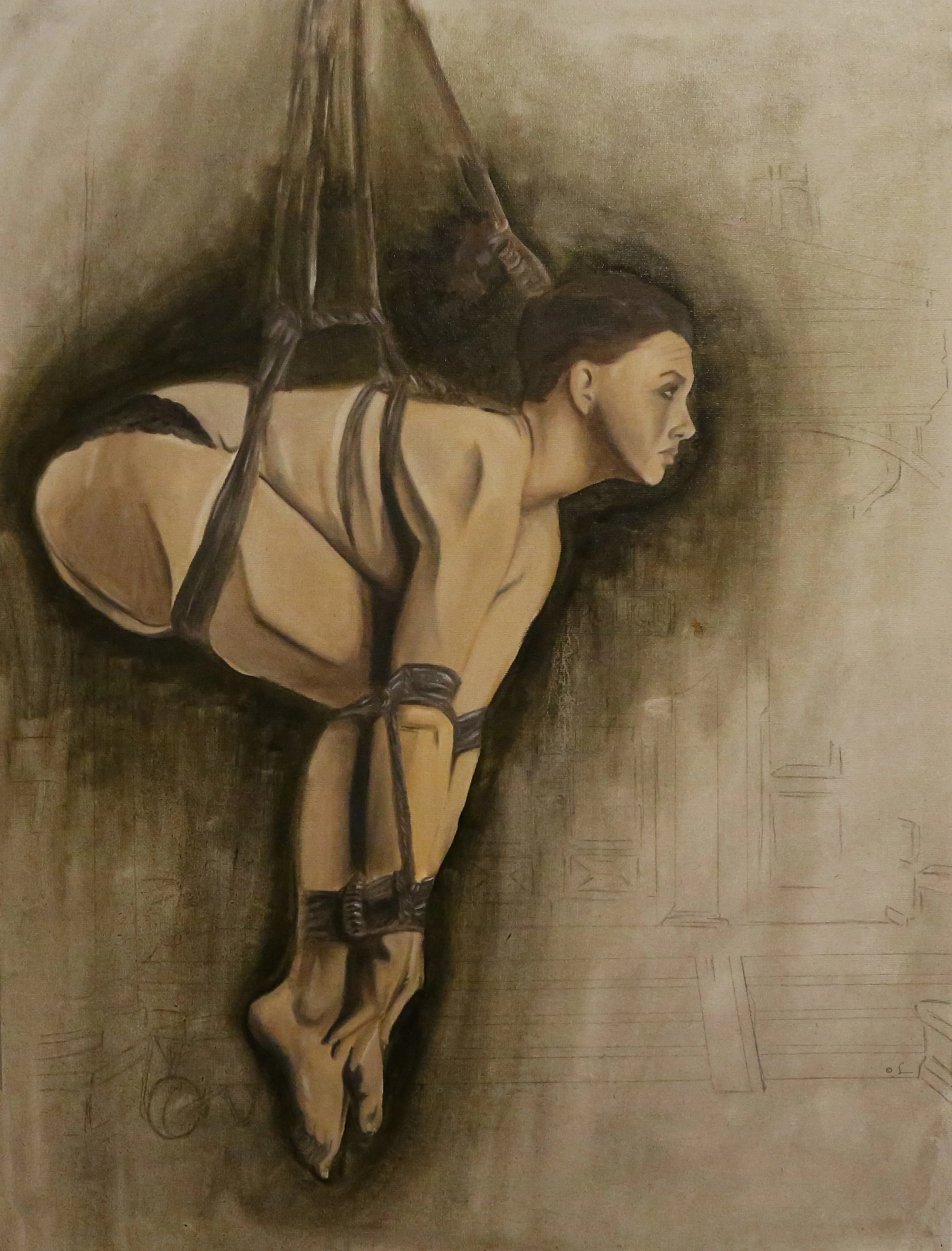 Artwork of a woman with dark hair, tied hands and feet, in a voyeuristic pose, with a dark background and faint sketches around.