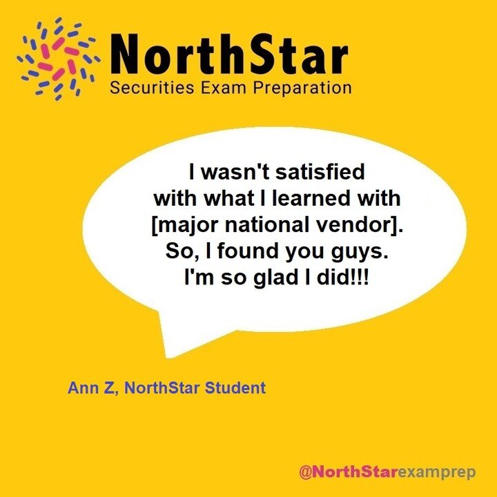&quot;I wasn't satisfied with what I learned with [major national vendor]. So, I found you guys. I'm so glad I did!!!

We're glad, too, Ann! And, it's not the first time we've heard that...congrats and best wishes!

#TestimonialTuesday #NorthStarExam