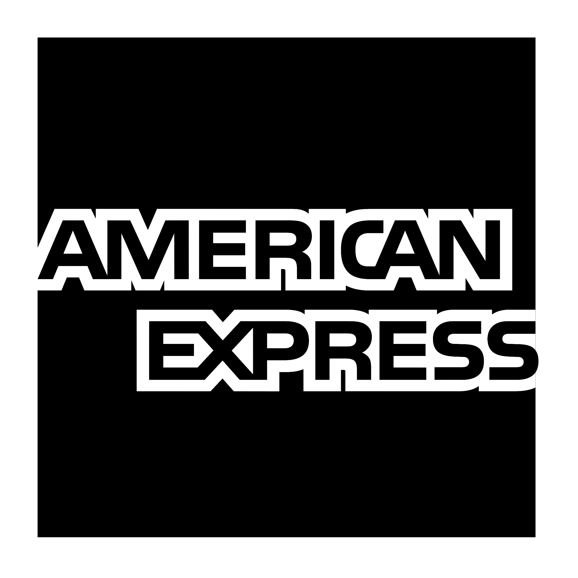 The logo for the American Express payment card company in black and white with bold, three-dimensional letters.