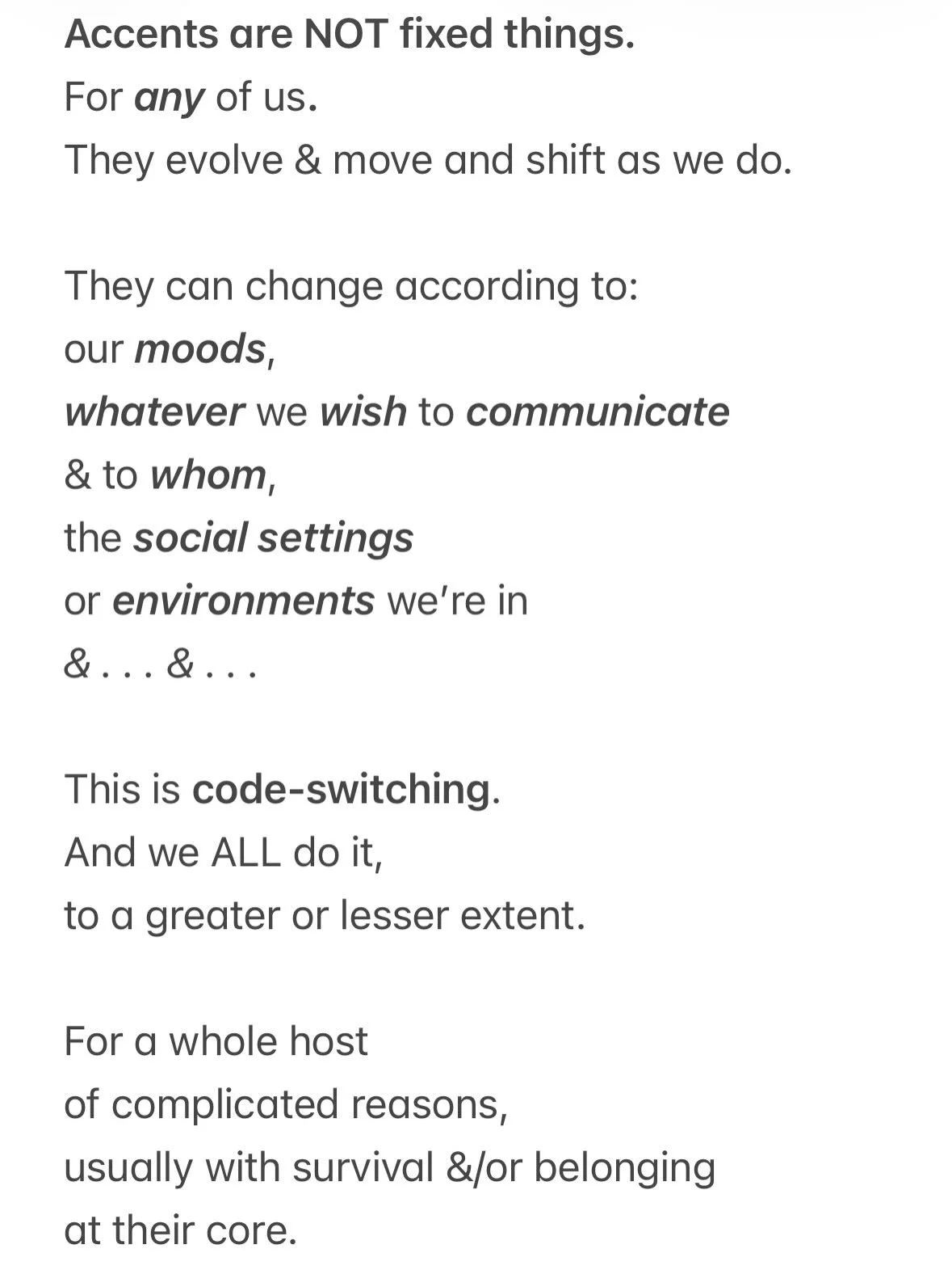 Thought Friday&rsquo;s rant deserved a place on the grid. 

Still fuming on behalf of @larabirdsnp 

Actors, 
putting your characters 
into accent boxes 
might just be what&rsquo;s killing 
your ability to find &amp; truly connect 
with their voices 