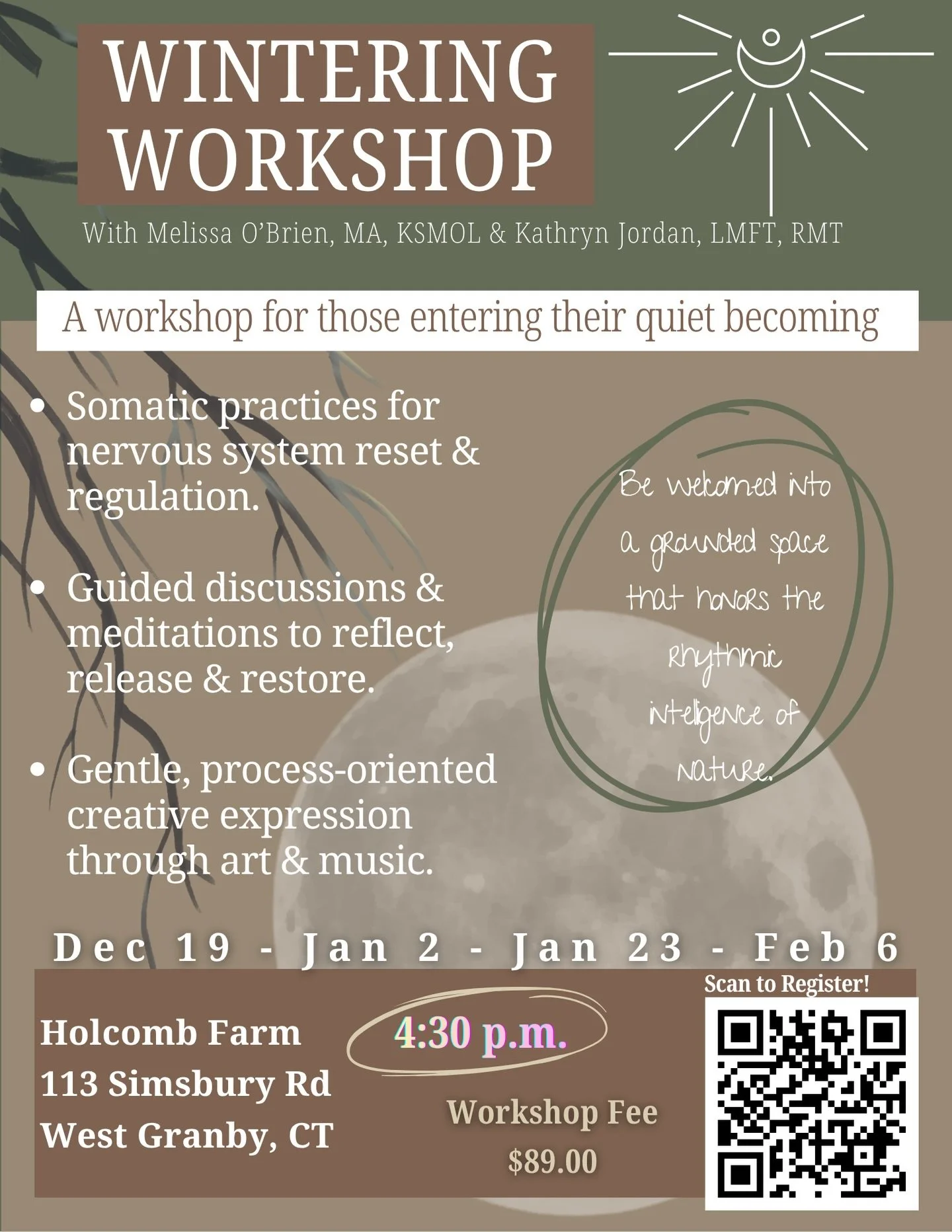 As the season turns, we invite you to pause and reconnect with your own natural rhythm. 

Wintering: A Restorative Seasonal Workshop offers a cozy space to reflect, release, and restore through somatic practices, guided meditation, discussions, and c