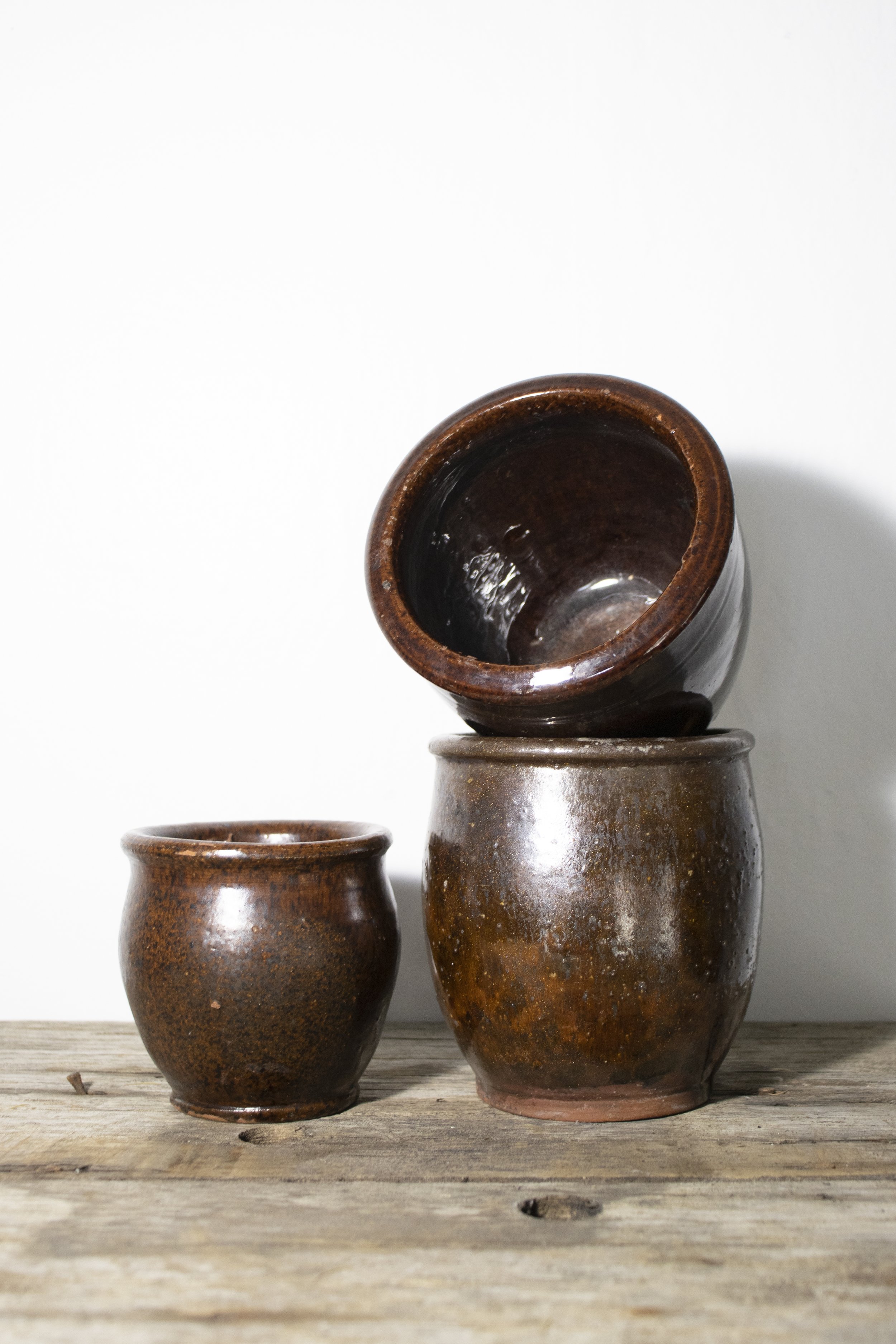 Trio of Small Redware Crocks