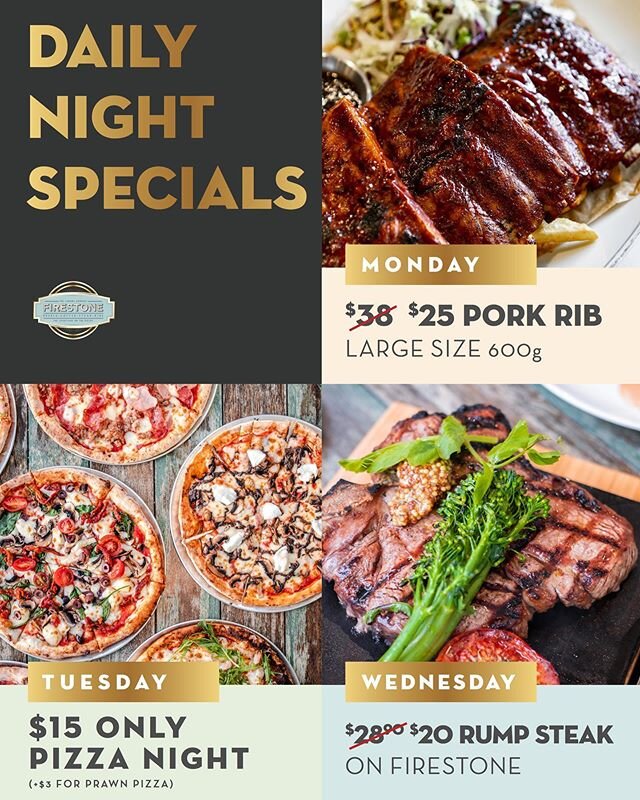 Our daily dinner specials are back at Firestone Hornsby! 🍴 Which night are you most excited for?
.
.
.
.
.
#broadsheetsydney#buzzfeast #cafeinsydney #discoverunder10k #eatdrinkplay #lickyourphone #eatingforinsta #f52grams #foodgasm #foodheaven #food