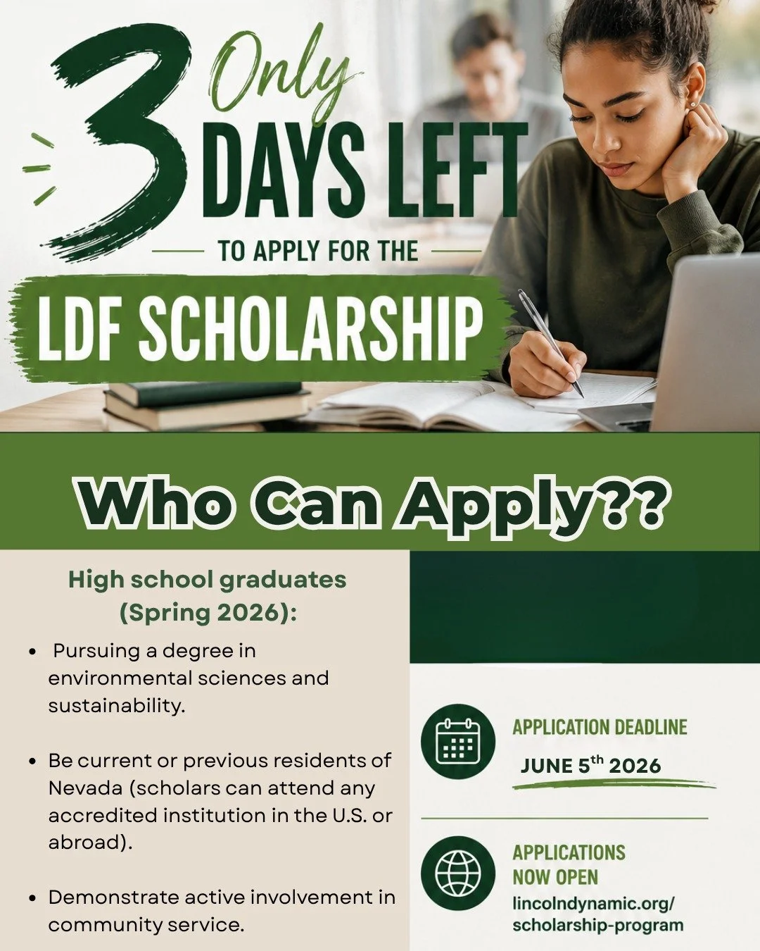 ⏰ Only 3 days left to apply for the LDF Scholarship!

Are you passionate about creating a better future? Whether you're pursuing environmental sciences, sustainability, or making a positive impact in your community, this could be your opportunity to 