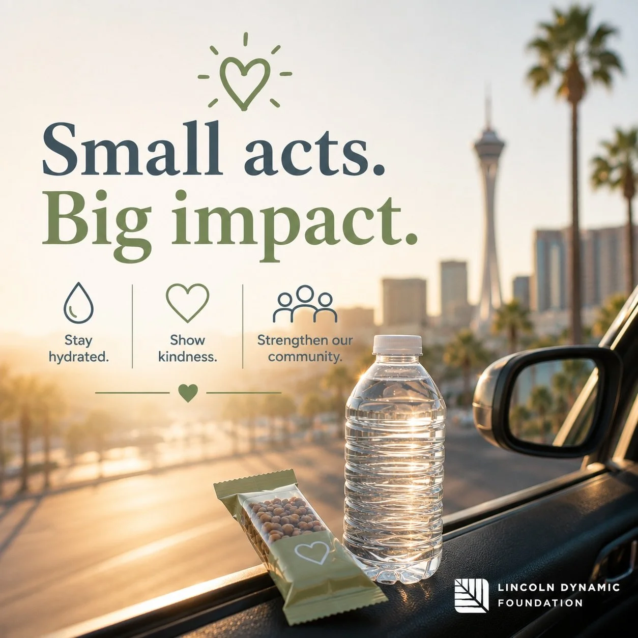 ☀️ A Small Act Can Make a Big Difference

In Southern Nevada, summer heat isn&rsquo;t just uncomfortable, it can be dangerous.

One simple way to help? Keep a few extra bottles of water and easy-to-carry snacks in your car. When you see someone who m