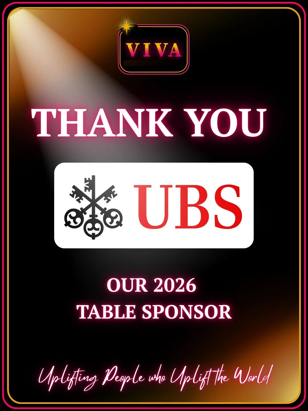 The right people around the right table can start something powerful.

We're grateful to UBS for joining us as a Table Sponsor for VIVA 2026.

UBS has a longstanding focus on collaborative philanthropy, bringing people and resources together to help 