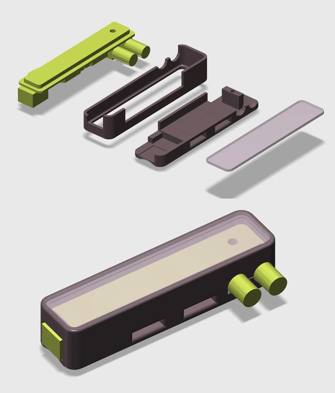 This is what I came up with for plastics for the gamechanger module. I sent these three models out for prototyping so I can see how it looks and feels.

I got a cool idea of the top being 1/16" plexi so the electronics can be seen. More importan