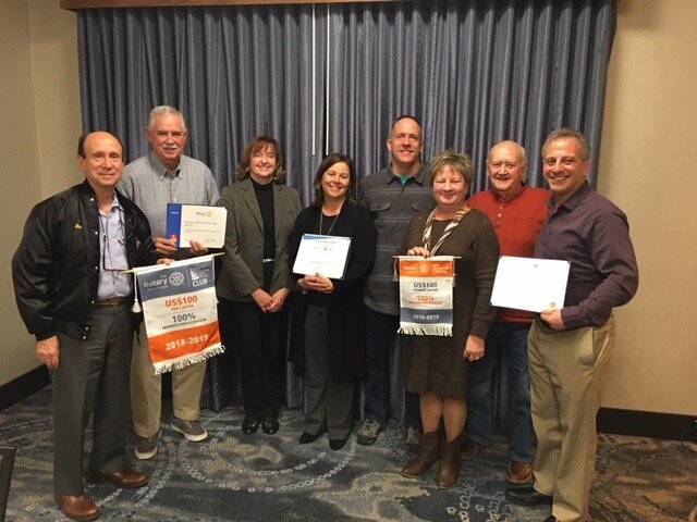  Awards received at the Rotary Foundation Annual Dinner, January 2020. Pictured with the awards are (l-to-r): Stan Kahn, Cliff Berg, Nancy Bradford, Sonia Baker, Frank Baker, Margaret Mudron, Arlan Kinney and Larry Michnick 