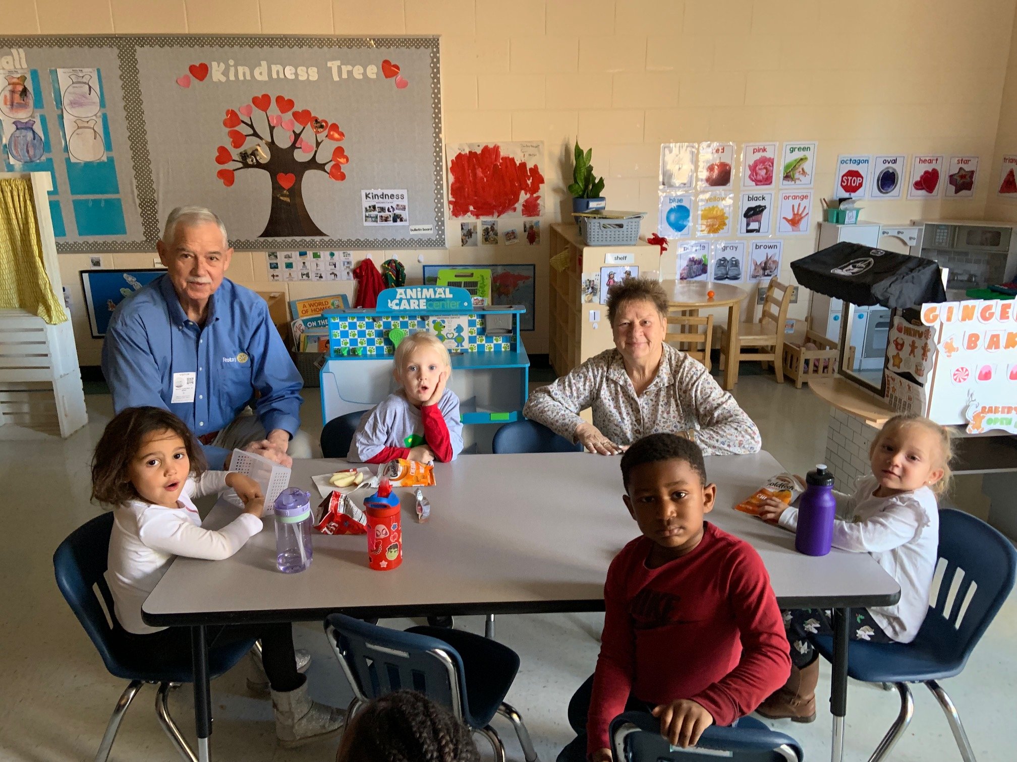 Cliff Berg and Margaret Mudron of the Ocean City - Berlin Rotary Club visited the club's adopted class at Buckingham Elementary and shared a snack with Ms. Jenny Schwab's pre-K3 students. 