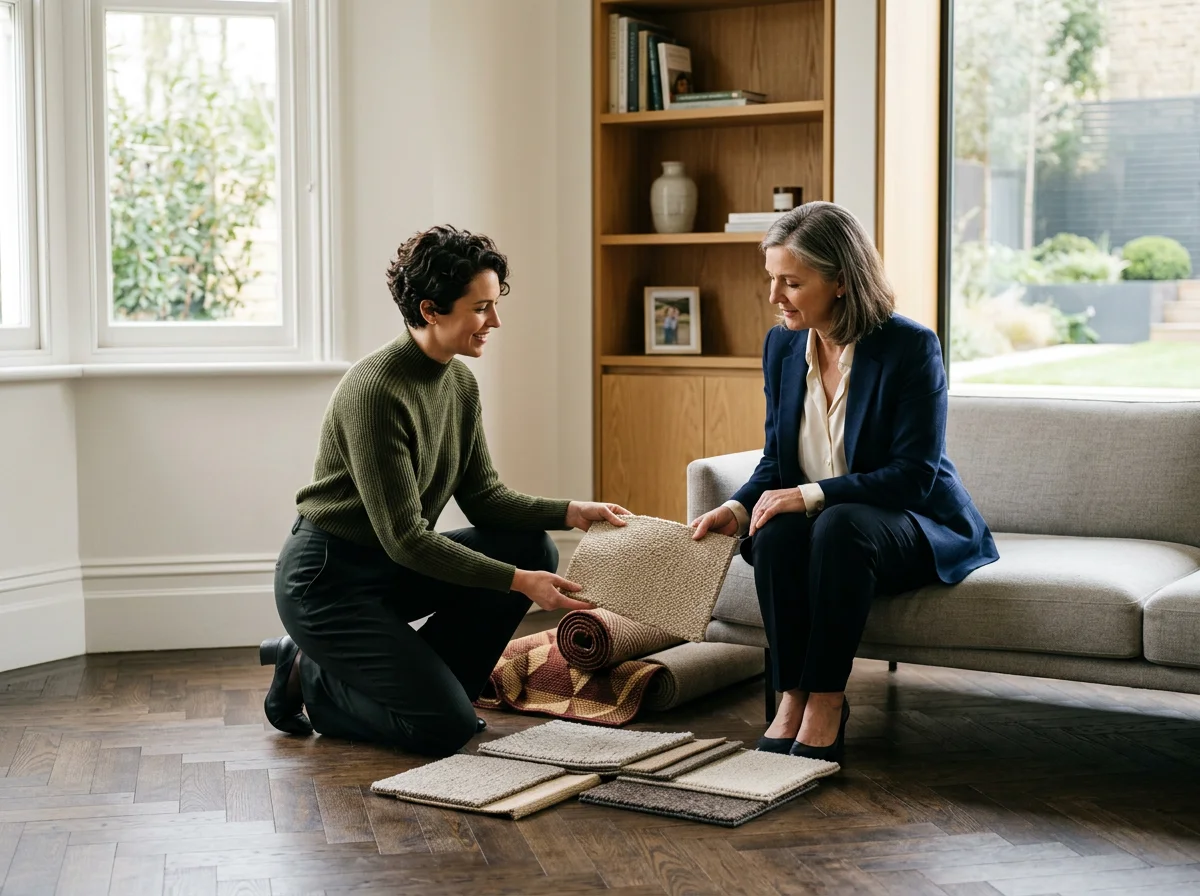 Interior designer showing carpet samples to a client in a modern living room.