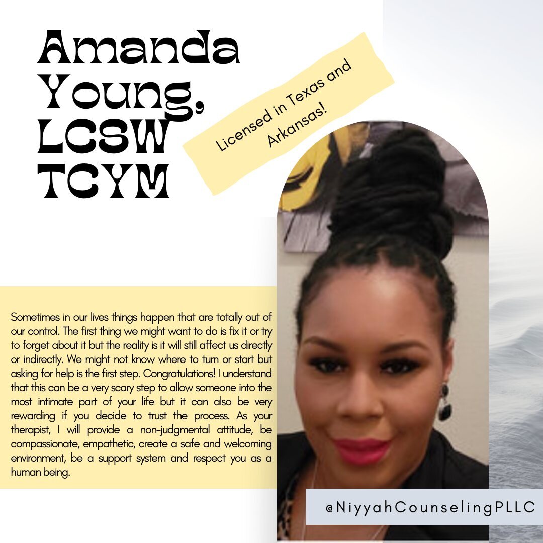 Today we would like to highlight the always wonderful Amanda Young, LCSW and now Trauma-Conscious Yoga Method (TCYM) certified. Not only can she see our wonderful Texas clients but she can even see individuals in Arkansas as well! She currently accep