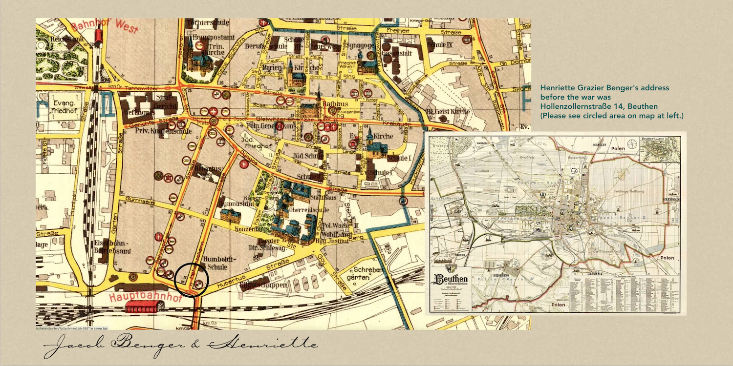 Beuthen (also Bytom, Königshütte, or Roßberg) maps. Henriette lived by a train station.