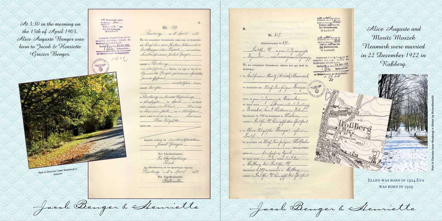 Original Jewish birth and marriage certificates. Photos show nearby parks in respective seasons.