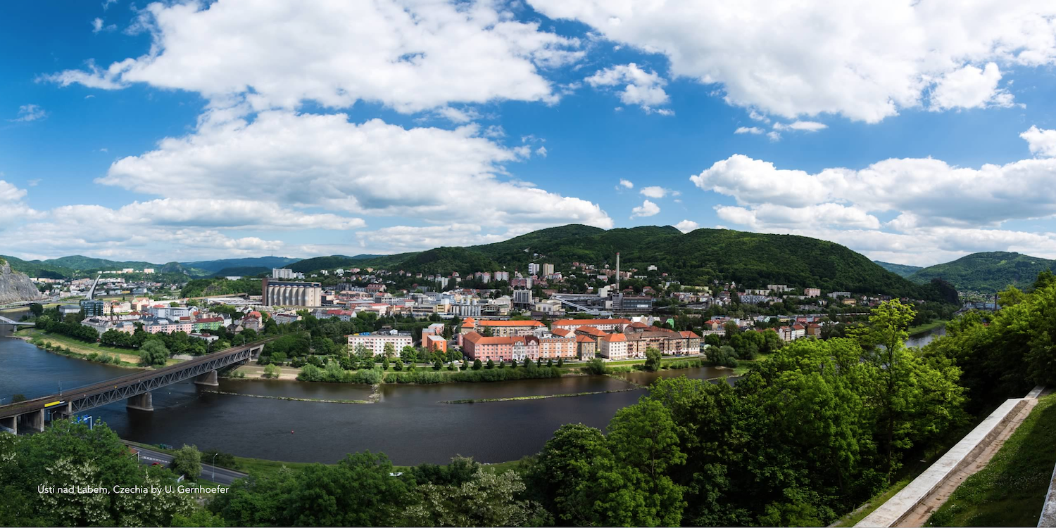 Summer view of Usti nad Labem, Czechia, river and landscape.
