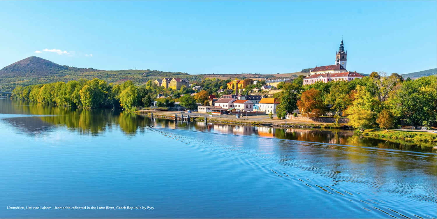 Litomerice reflected in Labe River, Usti nad Laben region of Czech Republic.