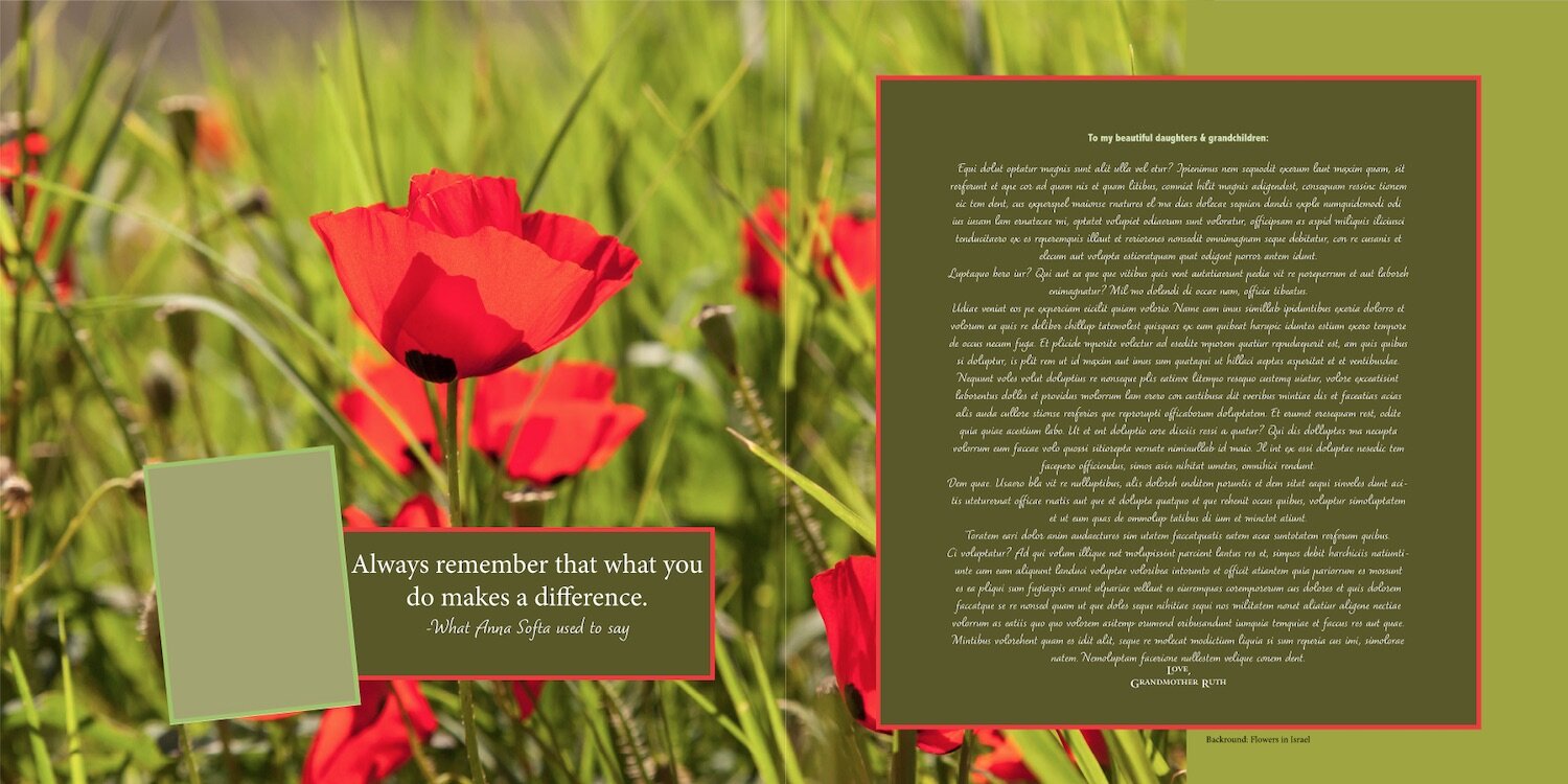 Red poppies and green grass in Israel. Letter from grandmother to children.