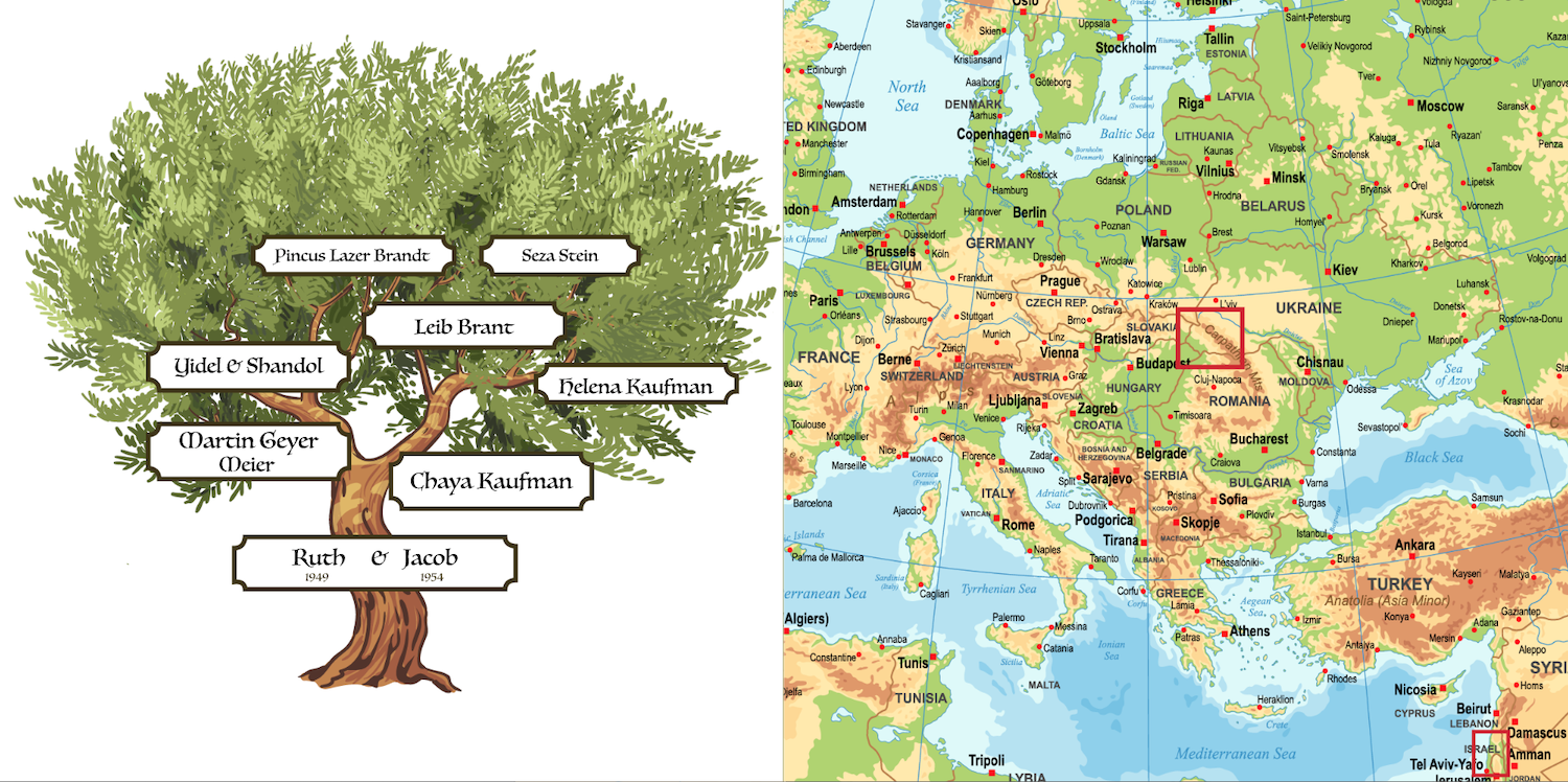 Kaufman, Geyer family tree and Europe map marking Jewish homeland, Carpathia, Ukraine 