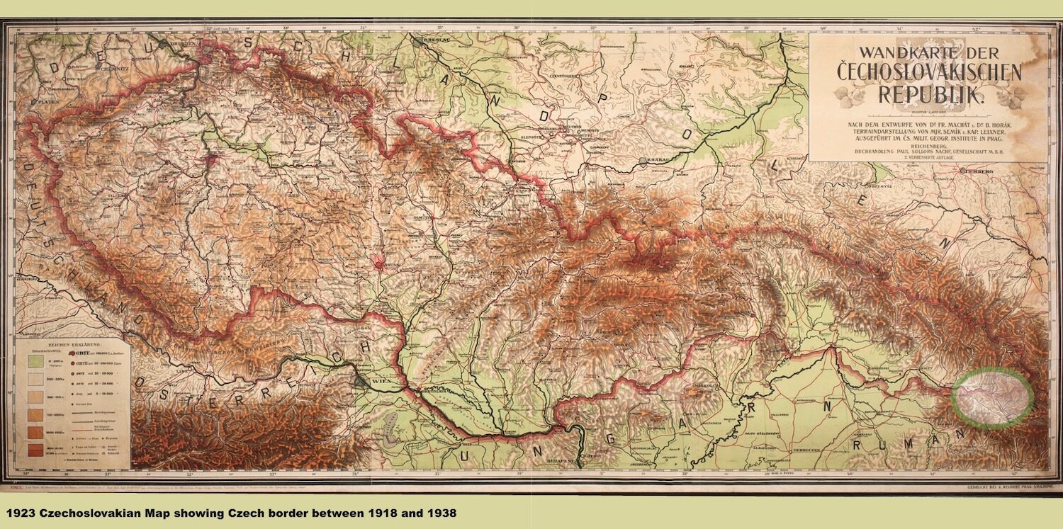 Map of Czechoslovakian borders, 1918-1938, including Transcarpathia (Subcarpathia) now in Ukraine.