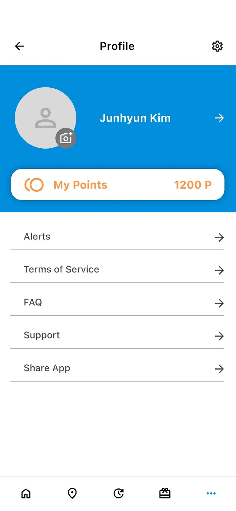 Profile: the name, the points, alerts, terms, FAQ, support, share