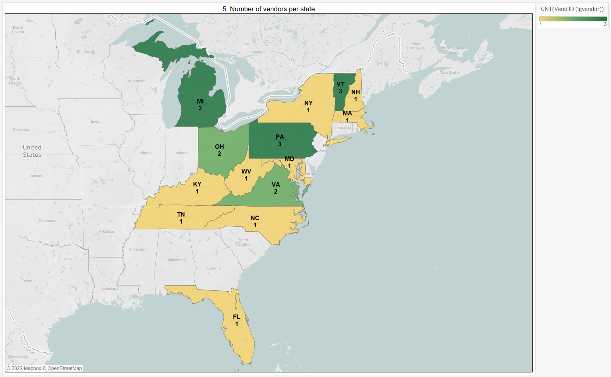 The number of vendors per state is displayed on a map.