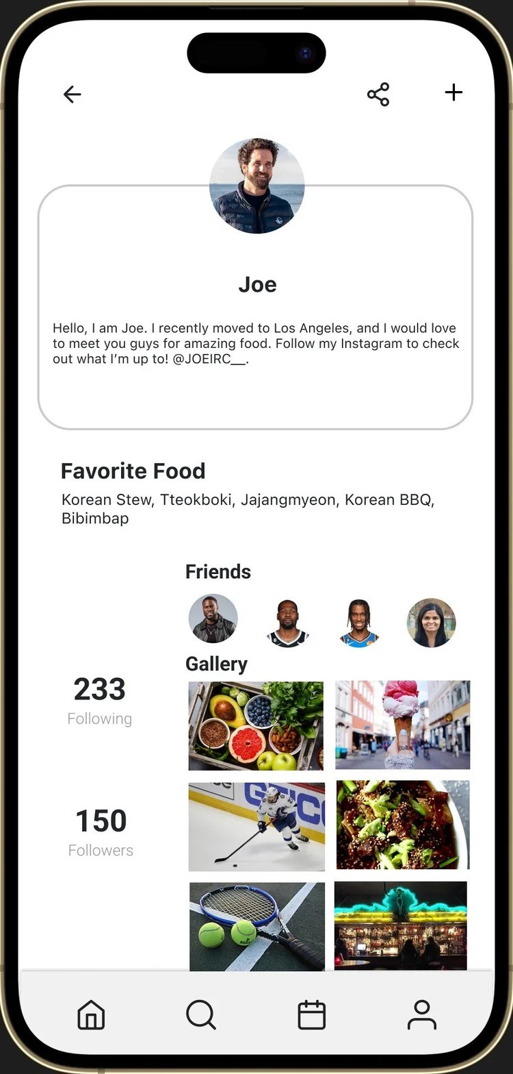 A user profile: bio, favourite food, friends, a gallery