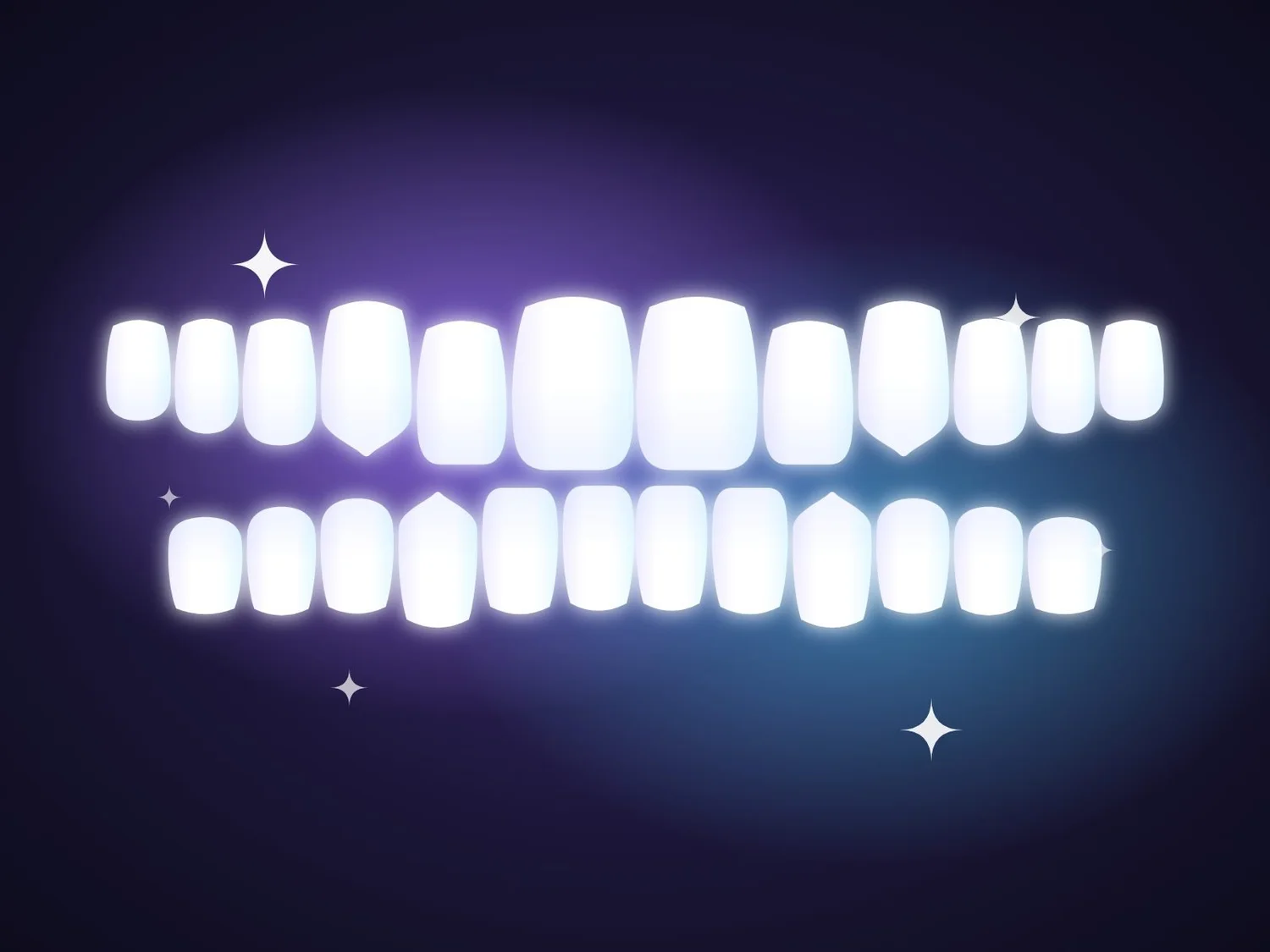 An illustration of a generated future smile: perfectly even, glowing teeth with sparkles