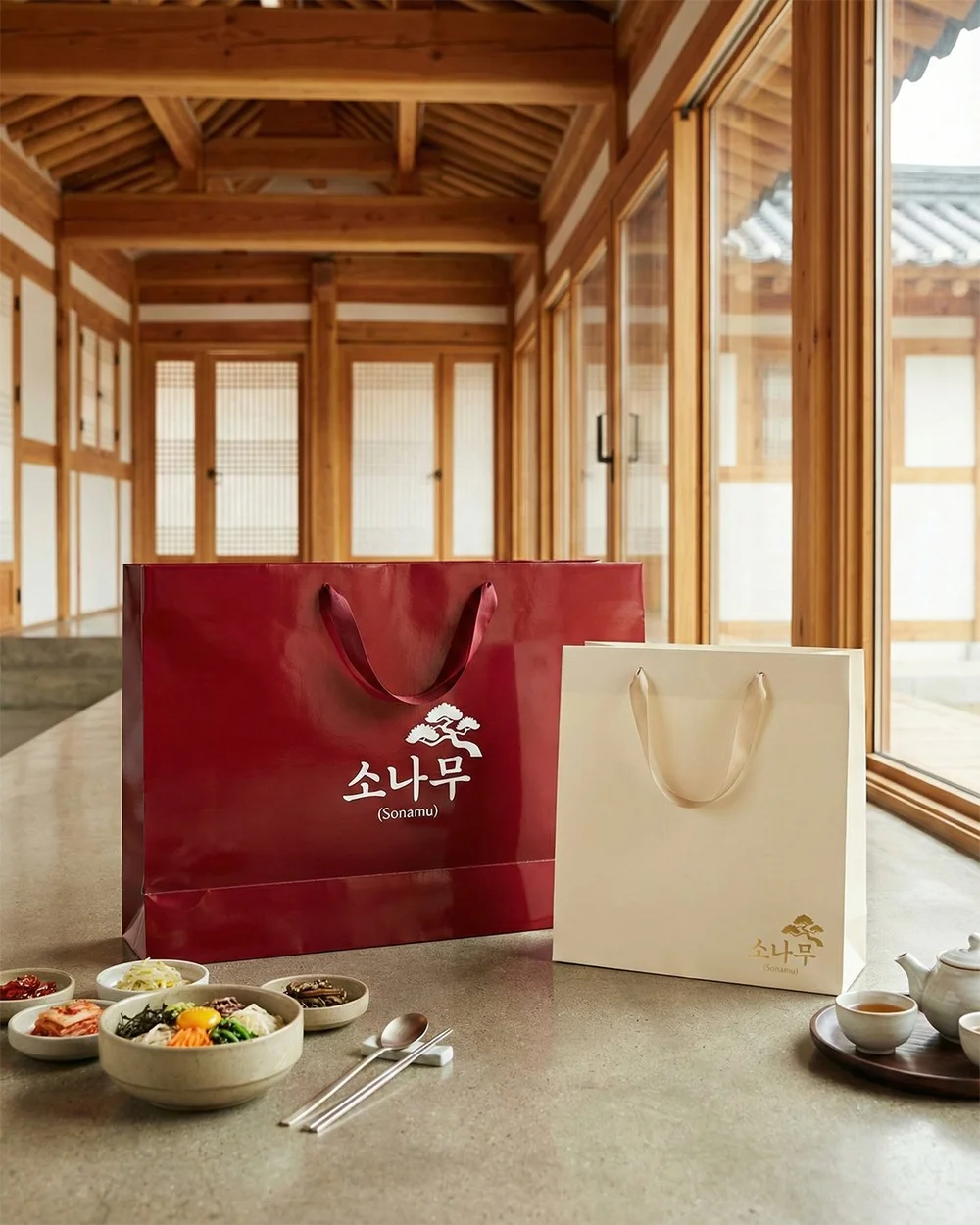 A paper eurotote bag with rope handles on a wooden table, lit from a window