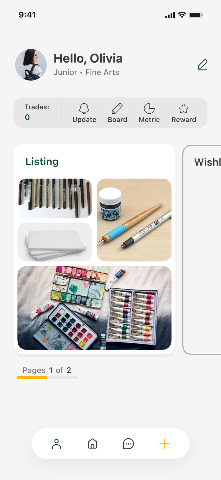Profile: listings, wishlist, rating and reviews