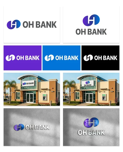 OH Bank: the wordmark, its color variants, and the mark on the building